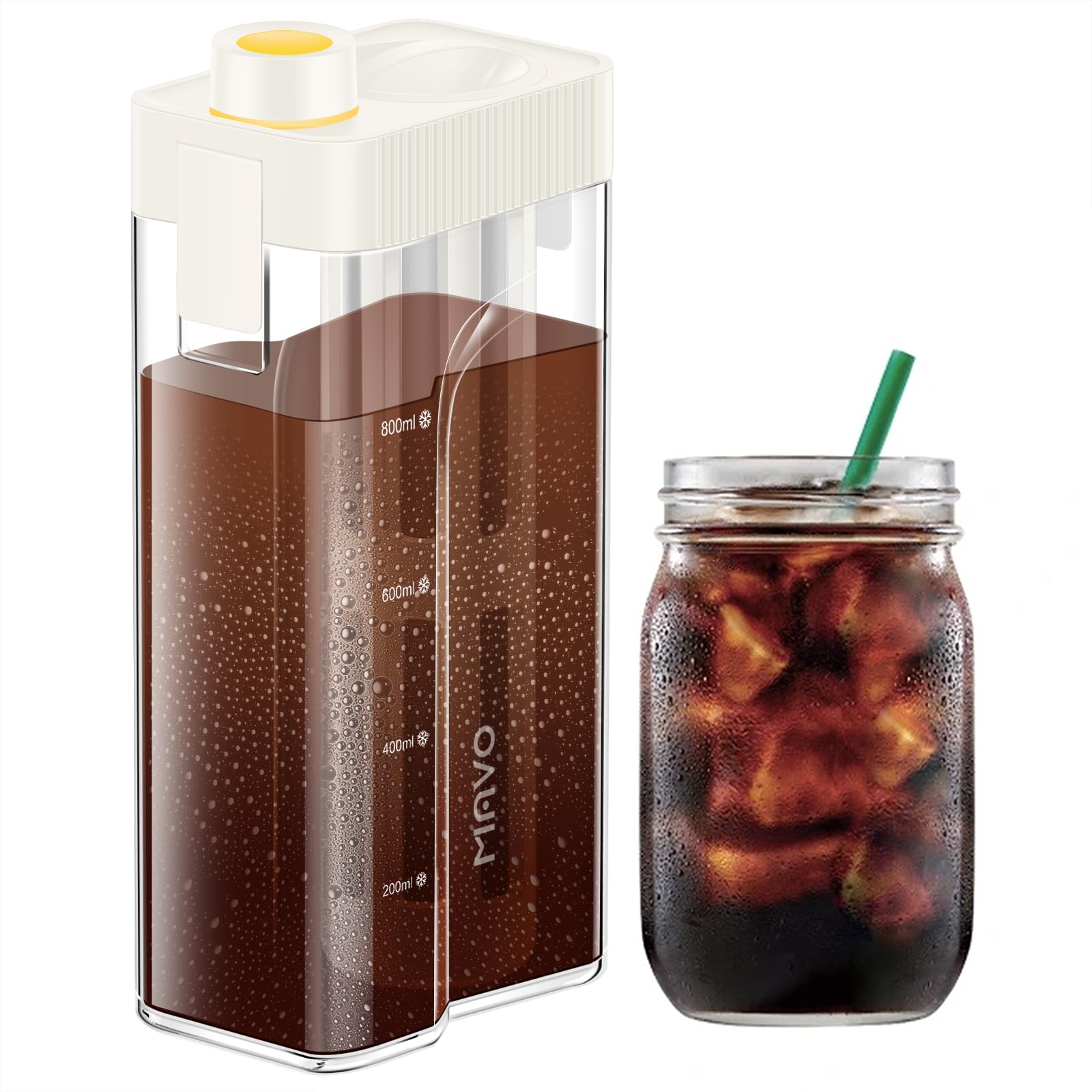 MAVO Cold Brew Coffee Maker & Iced Tea Brewer - 34oz BPA-Free Tritan Pitcher with Leak-Proof Design, Reusable Mesh Filter - Perfect for Home, Office & Outdoor Use - Compact, Durable & Easy to Clean (White)