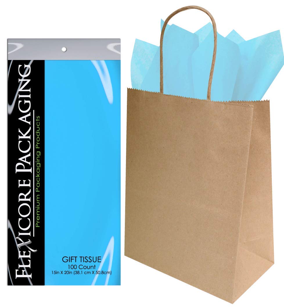 Eco-Friendly Kraft Paper Gift Bags with Light Blue Tissue Wrap - 8