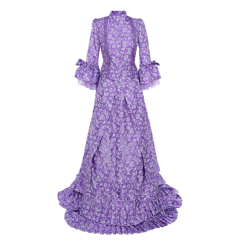 Antique Civil War Victorian Bustle Gown - Elegant Purple Floral Ball Gown Dress for Historical Reenactments, Costume Parties & Vintage Photography