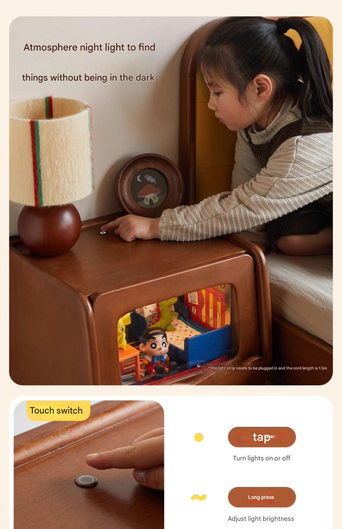Solid Wood Kids Nightstand with LED Lights - Modern Children's Bedside Table for Bedrooms, Nursery & Kids Room Decor