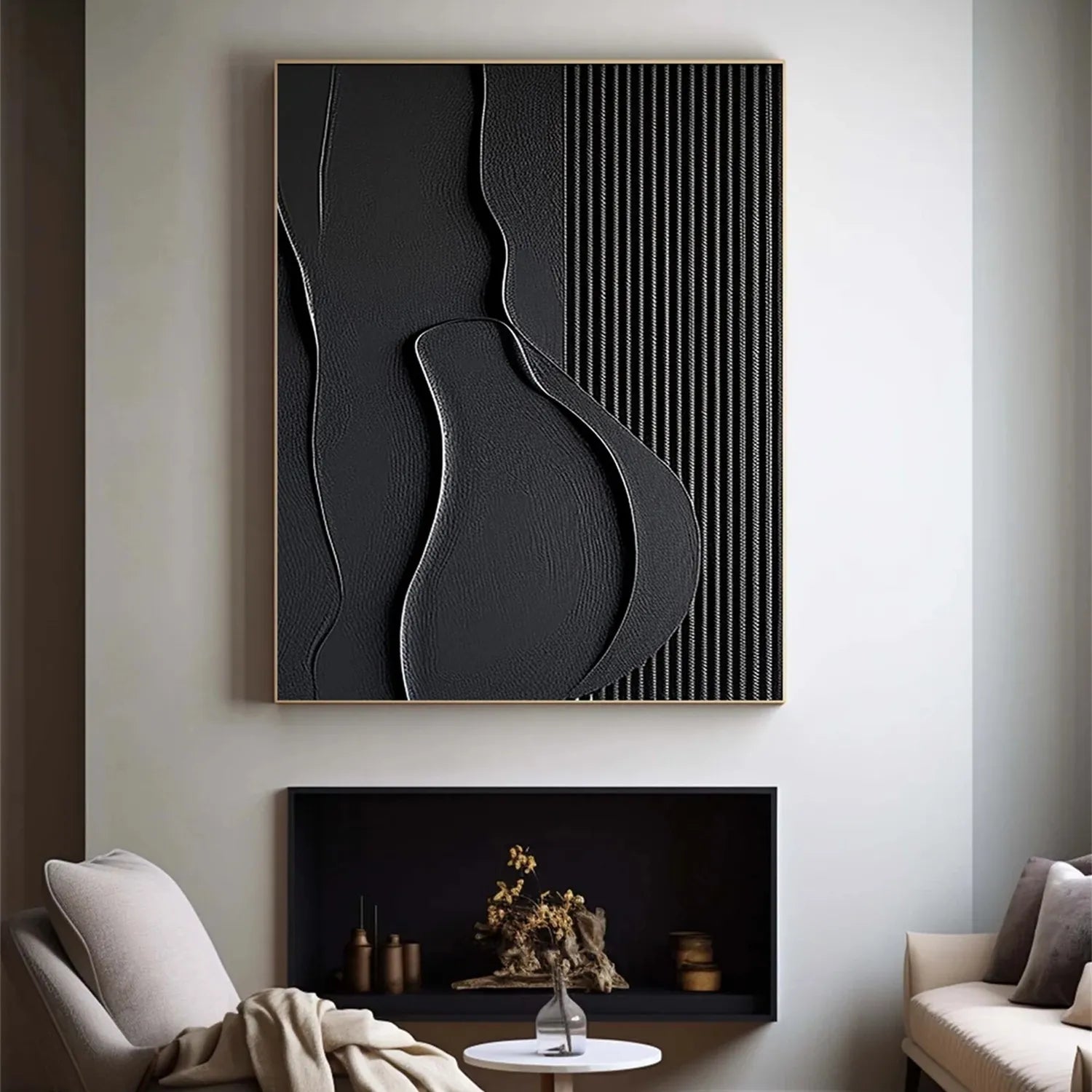 Black Minimalist Textured Painting Canvas Wall Art - Modern Abstract Home Decor for Living Room, Bedroom & Office | Premium Quality #MZ096