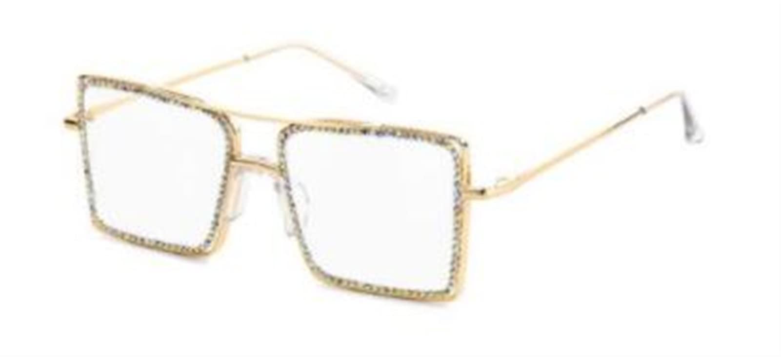 Fashion Square Reading Glasses - Metal Frame for Women & Men - Clear Rhinestone for Office & Reading