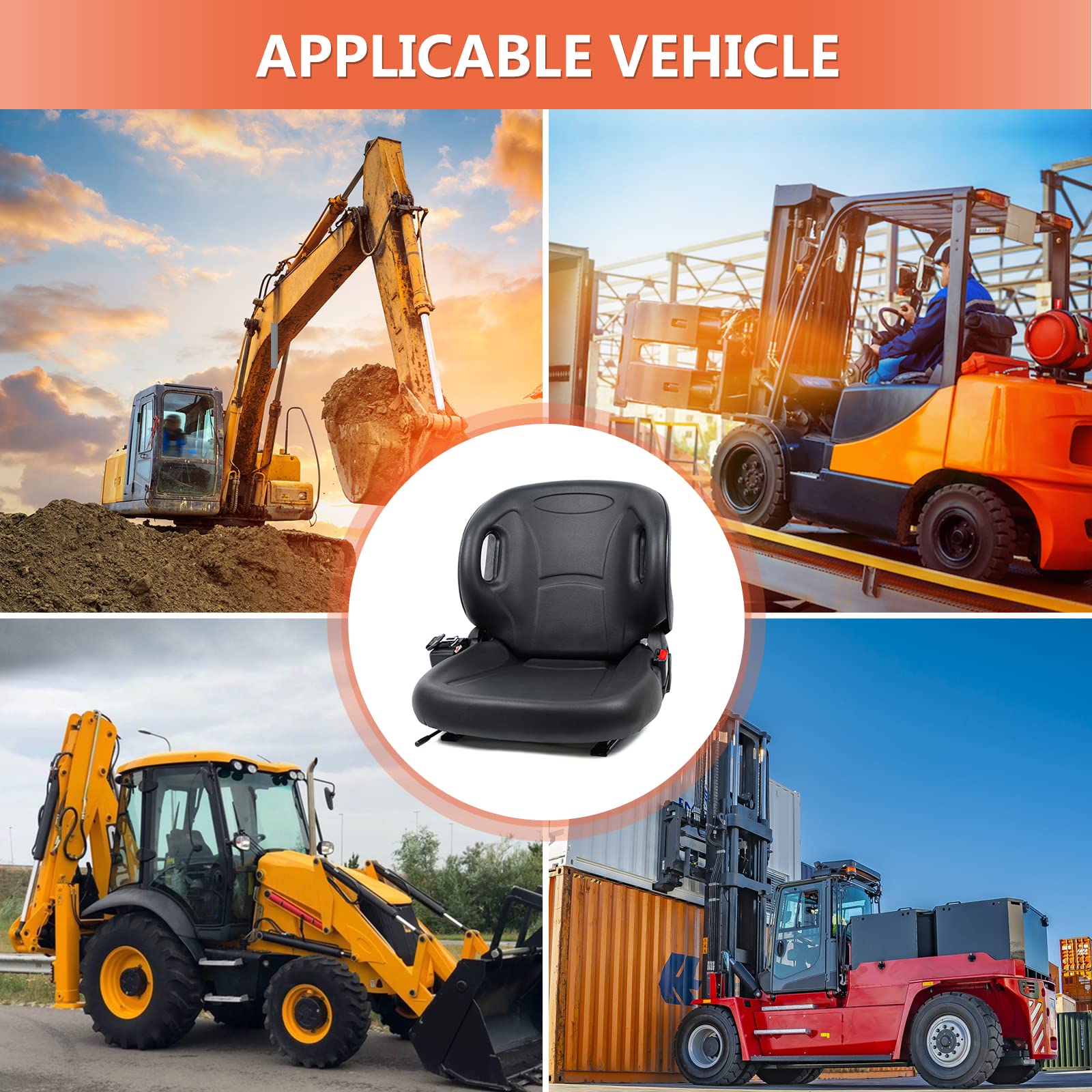 Universal Forklift Seat with Adjustable Backrest, Micro Switch & Safety Belt - Compatible with Toyota Forklift, Tractor, Excavator, Skid Loader, Backhoe, Dozer, Telehandler - Heavy Duty Ergonomic Operator Seat for Construction & Industrial Equipment
