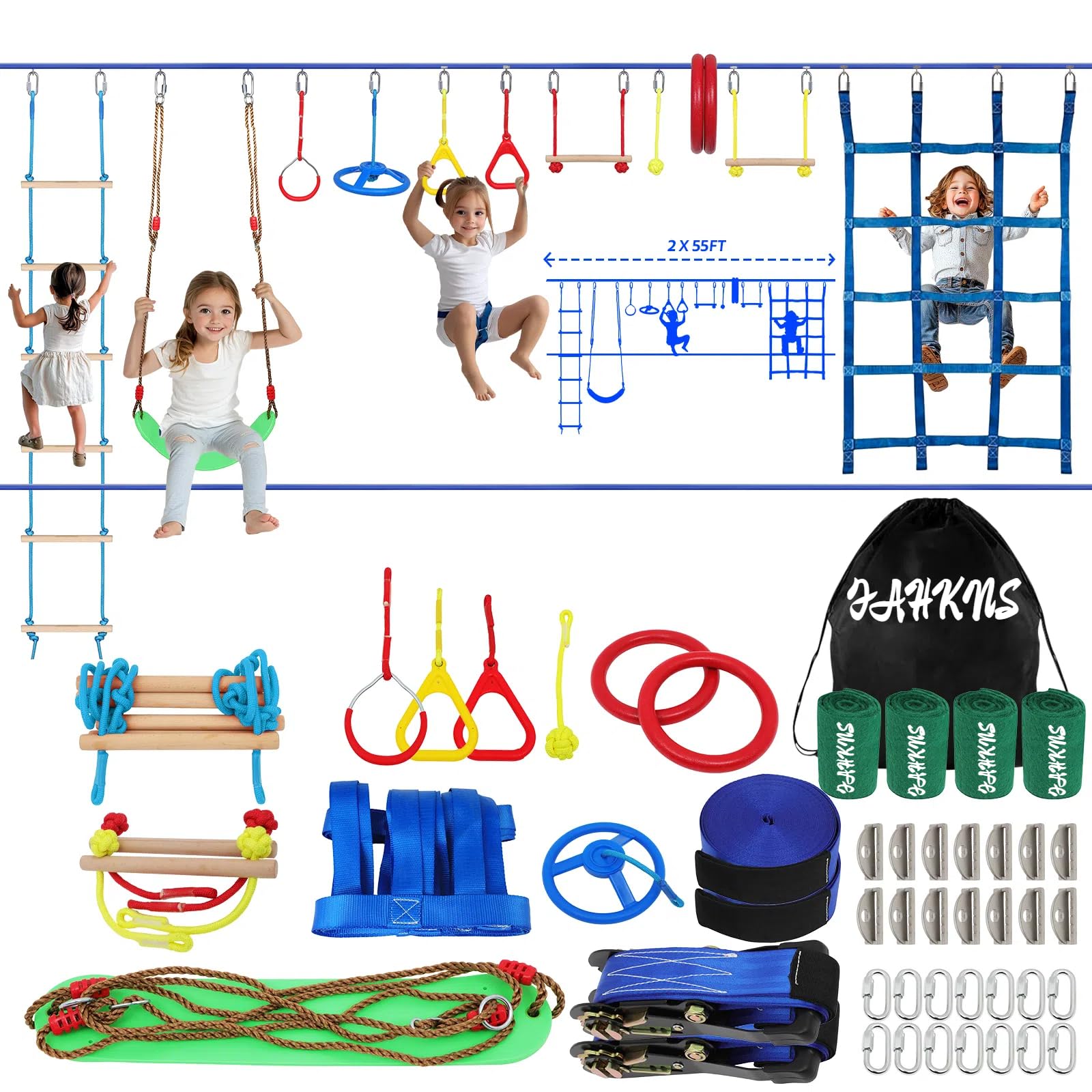 Ninja Warrior Obstacle Course for Kids - 55ft Slackline Kit with 13 Accessories (Cargo Net, Rope Ladder, Monkey Bars) | Outdoor Backyard Training Equipment for Strength & Agility | Perfect for Birthday Parties, Summer Camps & Family Fun
