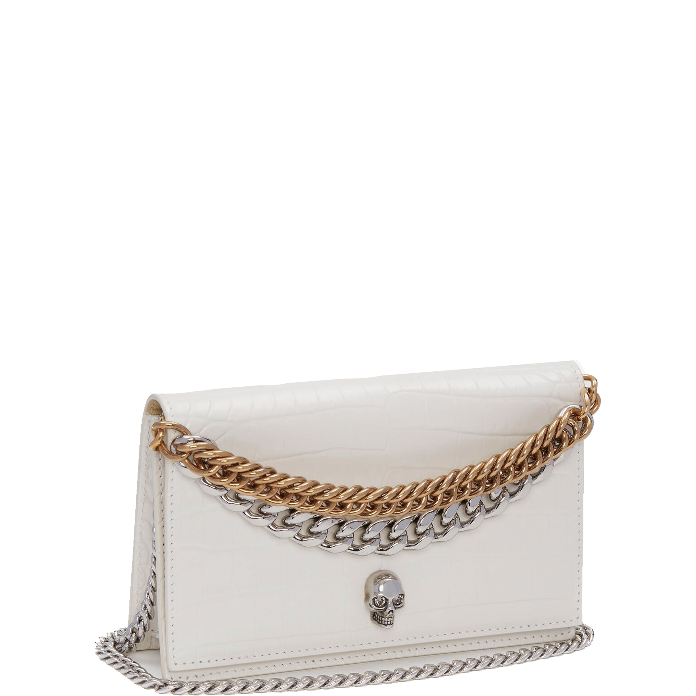 Skull Mini Bag with 2 Chains & Croc Embossed Design - Soft Ivory Crossbody Purse for Women | Perfect for Parties, Concerts & Night Out