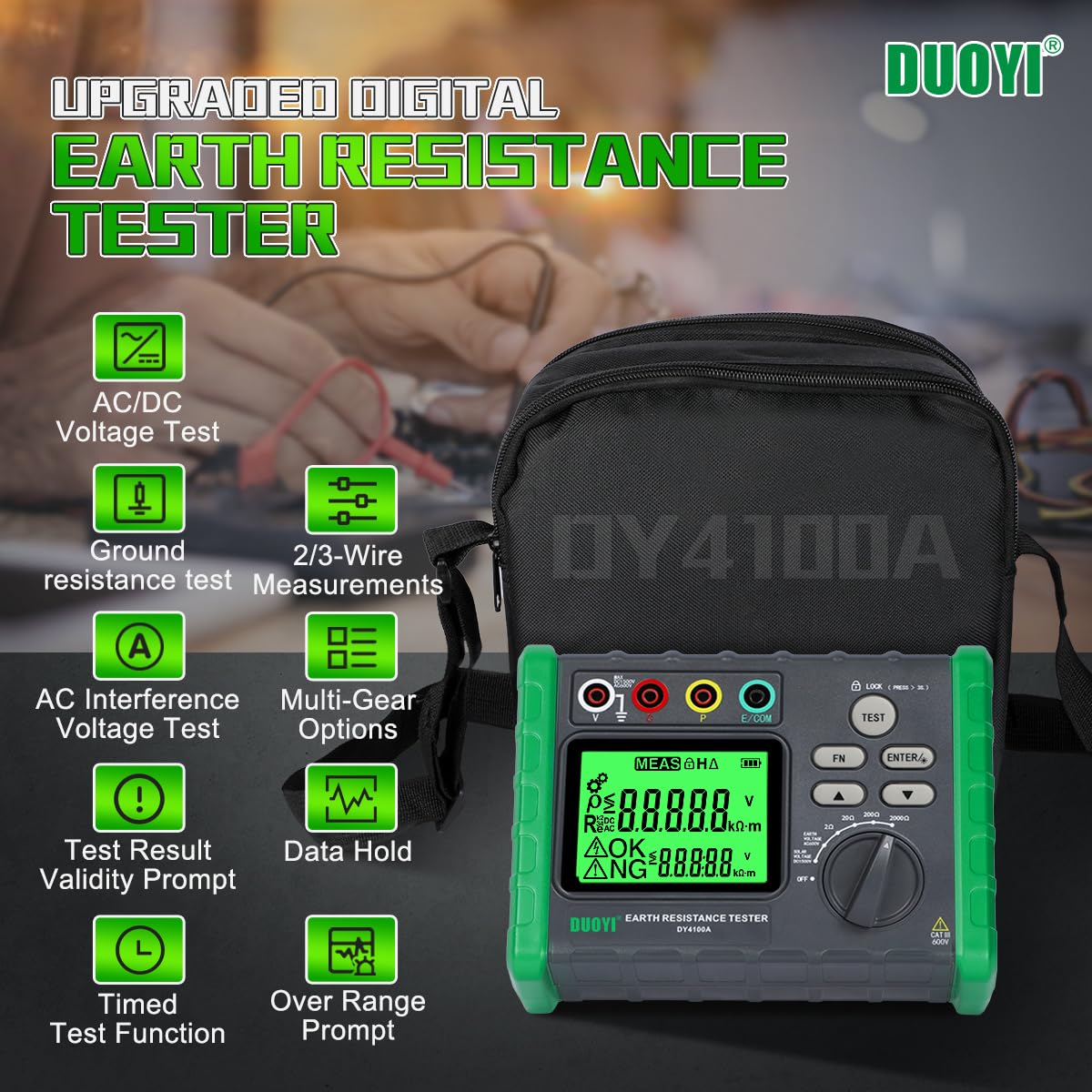 Upgraded Digital Earth Ground Resistance Tester 0.03-2000Ω with LCD Display | 600V AC Voltage & Auto Measurement | Includes Tool Bag & Batteries | Perfect for Electricians, Engineers & DIY Home Electrical Projects