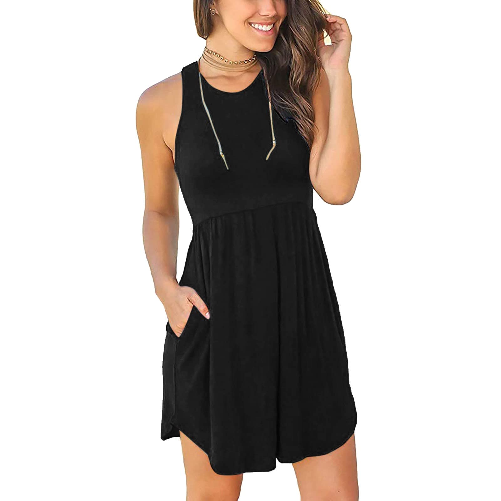 EOPUING Women's Sleeveless A-Line Tank Dress - Summer Casual High Waist Pleated Midi Dress with Pockets | Perfect for Beach Vacations, Brunch Dates & Office Wear