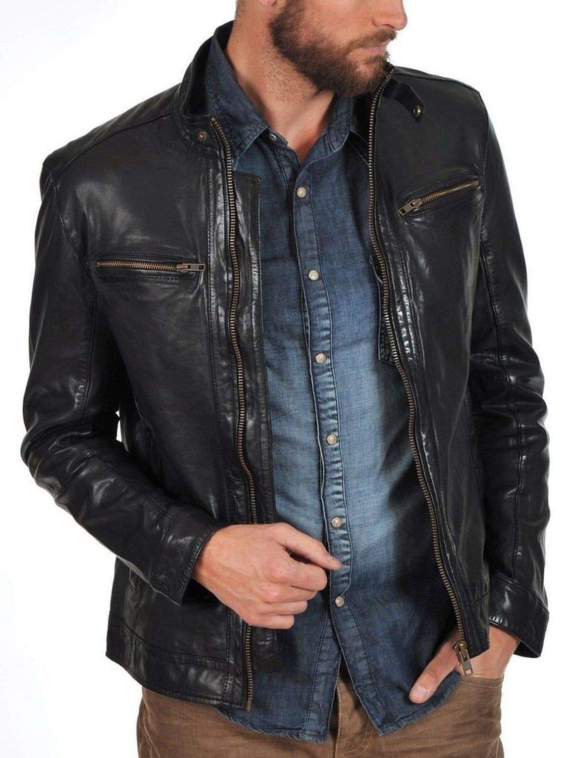**Men's Distressed Leather Jacket | Black Motorcycle Bomber Jacket | Stylish Fashionable Outerwear with Zipper | Perfect for Bikers, Casual Wear & Street Style**