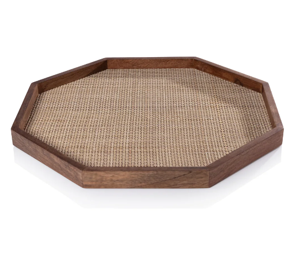 Handmade Mango Wood Rattan Inlay Octagon Tray - Decorative Serving Tray for Coffee Table, Dining, and Home Decor - Perfect for Entertaining, Jewelry Display, and Bathroom Organization