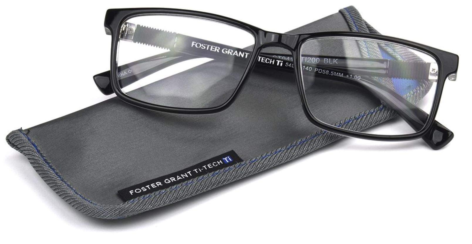 Foster Grant Men's Ti Tech Black Reading Glasses +1.00 to +4.00 Strength - Lightweight Titanium Frame for Comfort - Perfect for Reading, Computer Use & Daily Activities