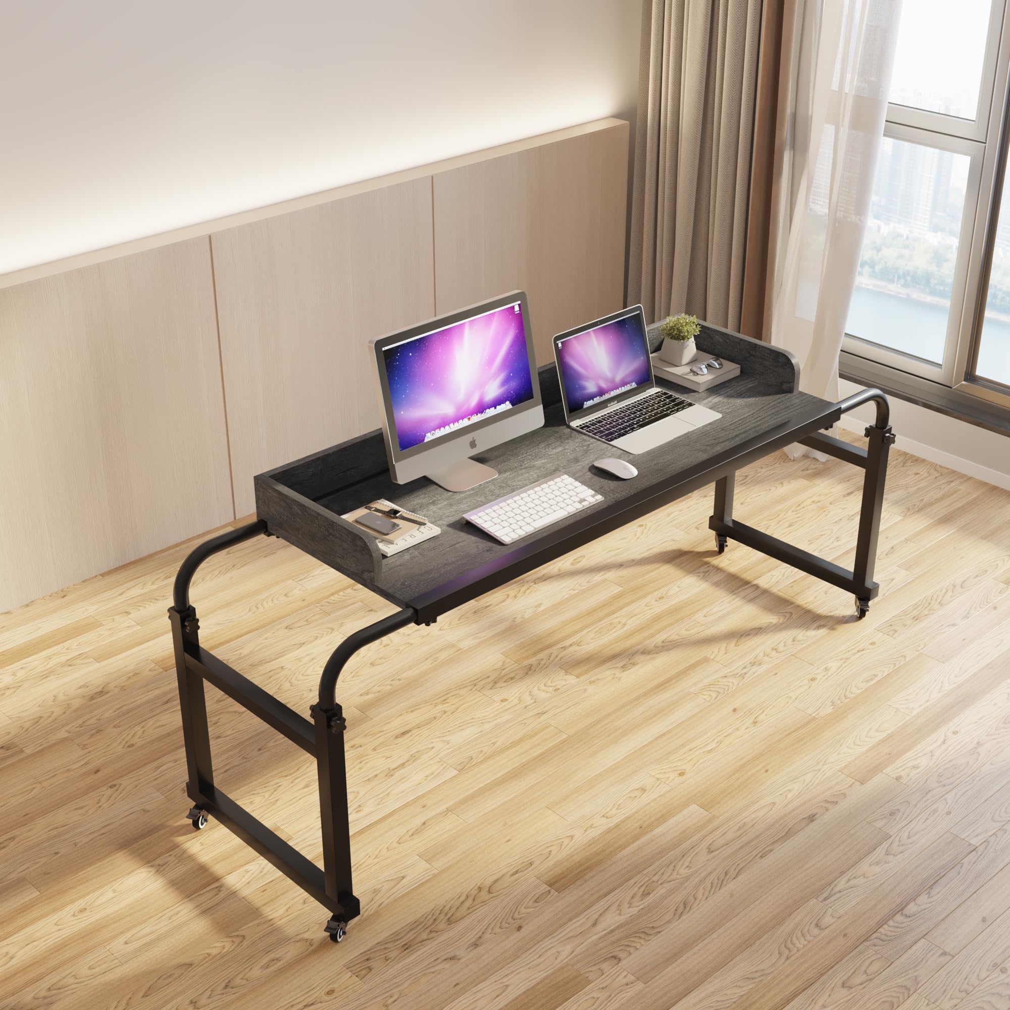TigerDad Adjustable Overbed Table with Wheels - Rolling Laptop Desk for Hospital, Bedroom & Office - Fits King & Queen Beds - Portable Workstation (Gray, Model QQ-950) - Perfect for Eating, Working, Reading in Bed or Recovery Use