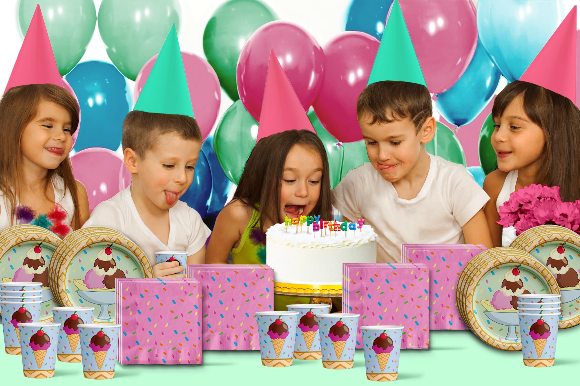 Ice Cream Party Decorations Kit for 16 Guests - Complete Birthday Party Supplies Set with Plates, Napkins, Cups & Sprinkles | Perfect for Ice Cream Shop Themed Celebrations, Kids Birthdays & Summer Parties