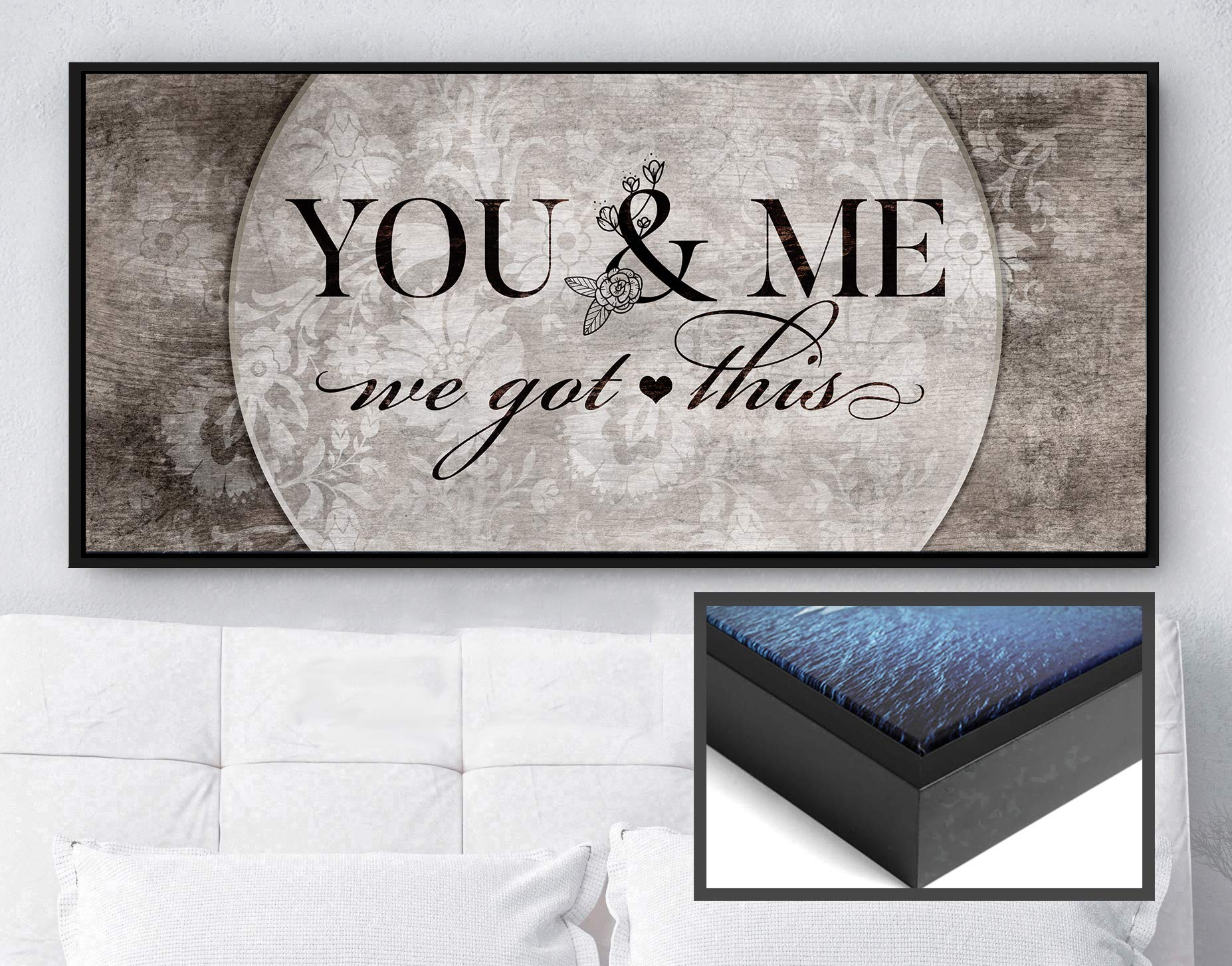 Above Bed Lovers Art - 'You and Me We Got This V5' Wood Framed Canvas - Rustic Bedroom Wall Decor - Ready to Hang Couples Wall Art for Master Bedroom - Brown & Black Floating Frame 60x27 - Perfect for Romantic Bedroom, Anniversary Gift & Home Decoration