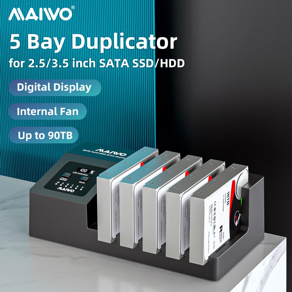 MAIWO 5-Bay USB 3.0 Hard Drive Docking Station with Offline Clone Function - Supports 2.5/3.5 Inch SATA HDD/SSD, UASP Technology, 90TB Capacity - Perfect for Data Backup, Disk Duplication & IT Professionals
