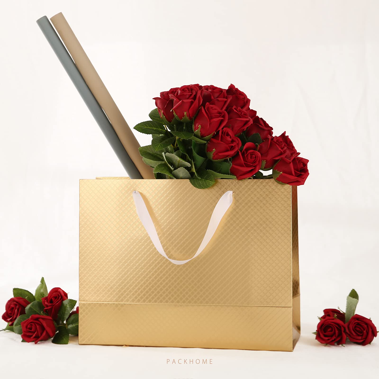 Premium Gold Gift Bags with Handles - 12 Pack 13x5x10 Inch Large Glossy Lattice Texture Gift Bags for Birthdays, Weddings, Christmas & Party Favors - Elegant Gift Packaging for Any Occasion