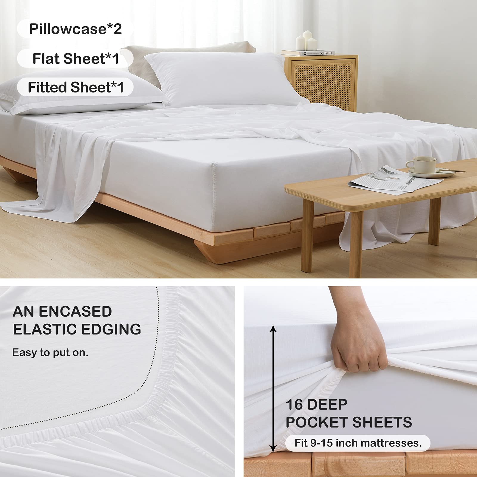 PANDATEX White Linen-Textured Twin Size Sheet Set - Soft, Cool & Breathable Organic Cotton Bedding for Hot Sleepers, 15