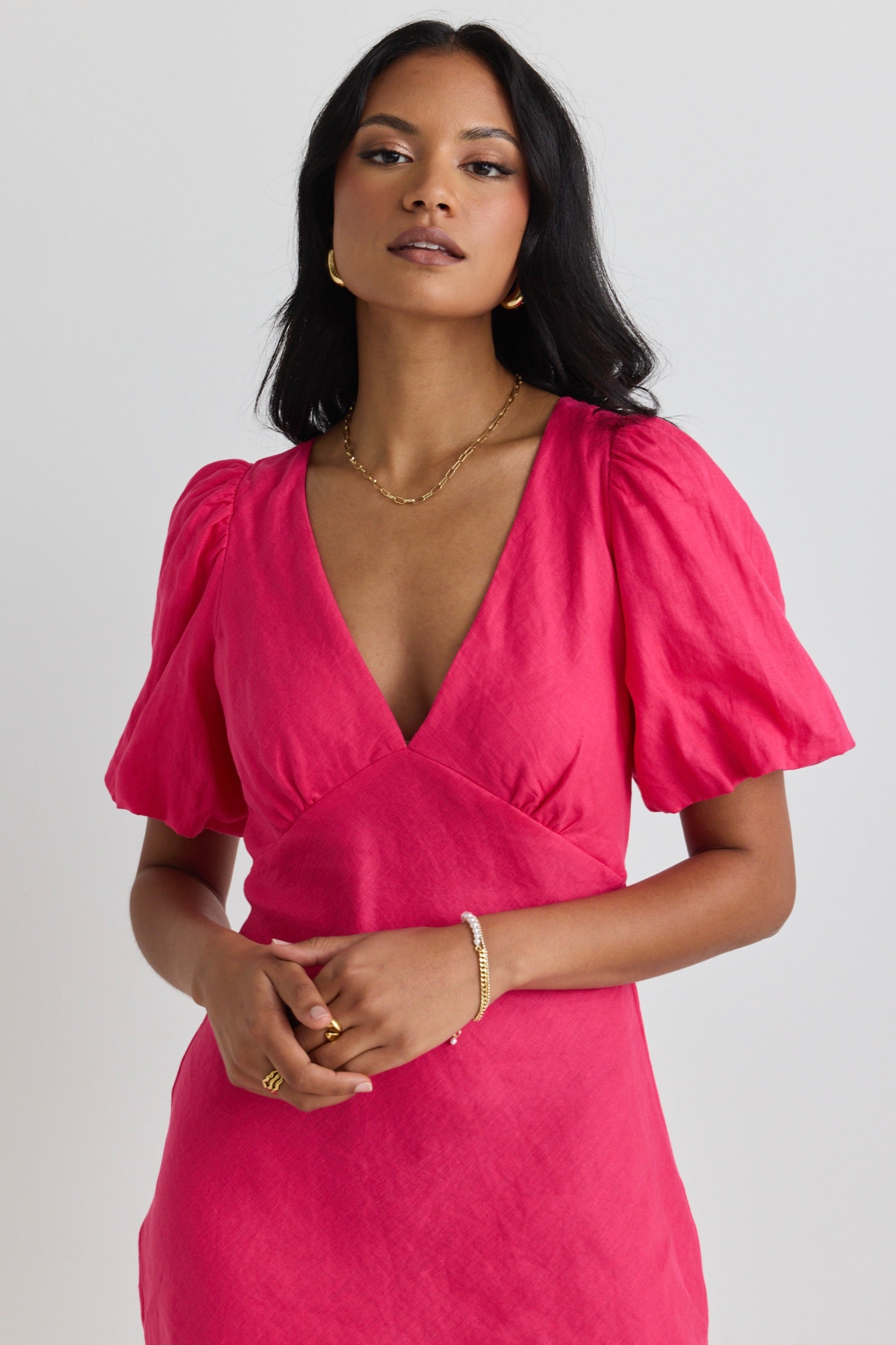 Amour Hot Pink Linen Bubble Sleeve Mini Dress - Summer Casual Party Dress for Women, Perfect for Beach Vacation, Date Night & Cocktail Parties