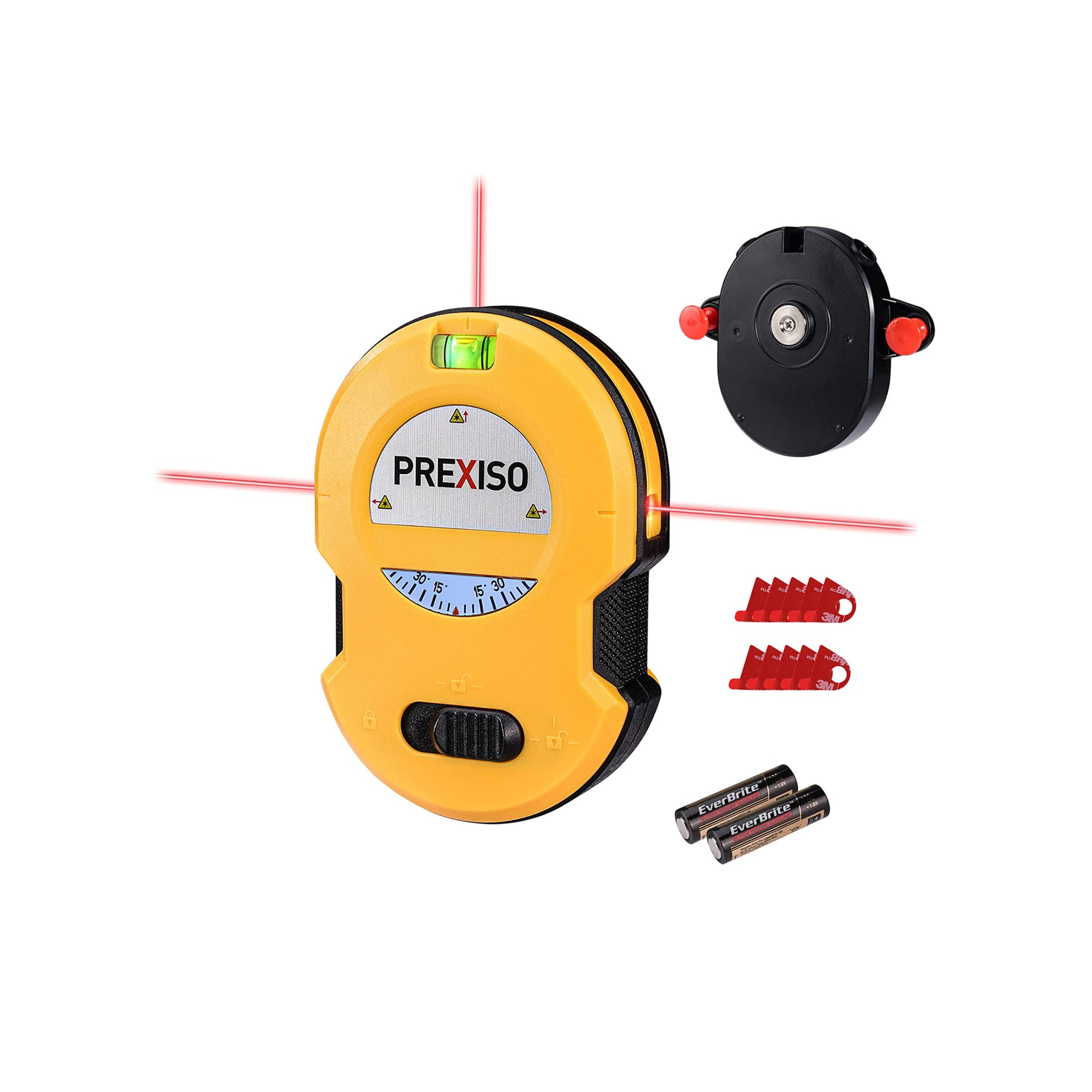 PREXISO Self-Leveling Cross-Line Laser Level - 30Ft Green Beam Horizontal & Vertical Alignment Tool with Wall Mount, 2 Pins & 10 Stickers (Includes 2 AA Batteries) - Perfect for Picture Hanging, Wall Decor, Construction Layout & DIY Home Projects