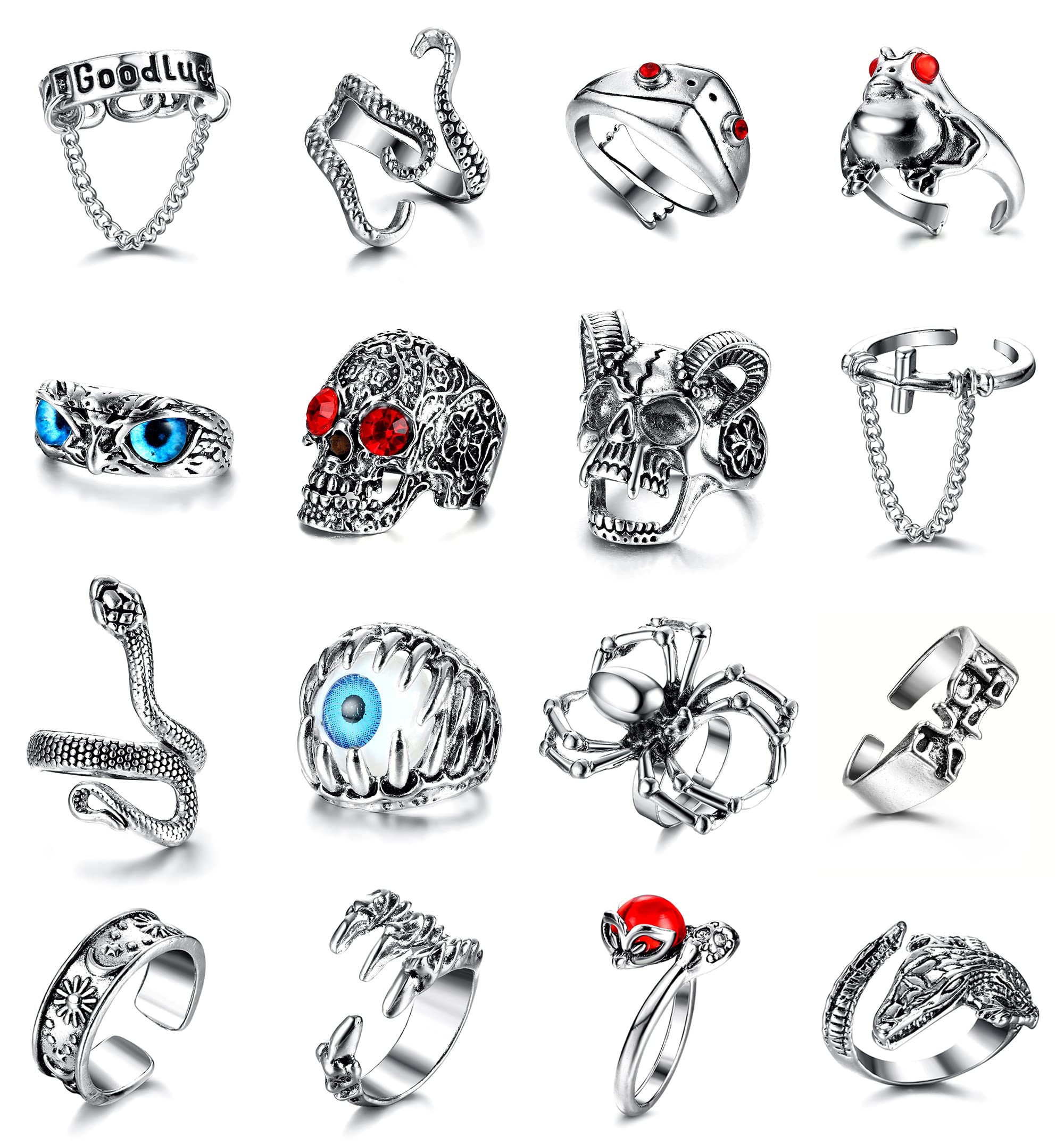 Gothic Open Rings Set for Men & Women - 16Pcs Punk Adjustable Snake Dragon Claw Animal Rings - Vintage Goth Skull Jewelry - Indie Aesthetic Rings for Halloween, Cosplay, and Alternative Fashion