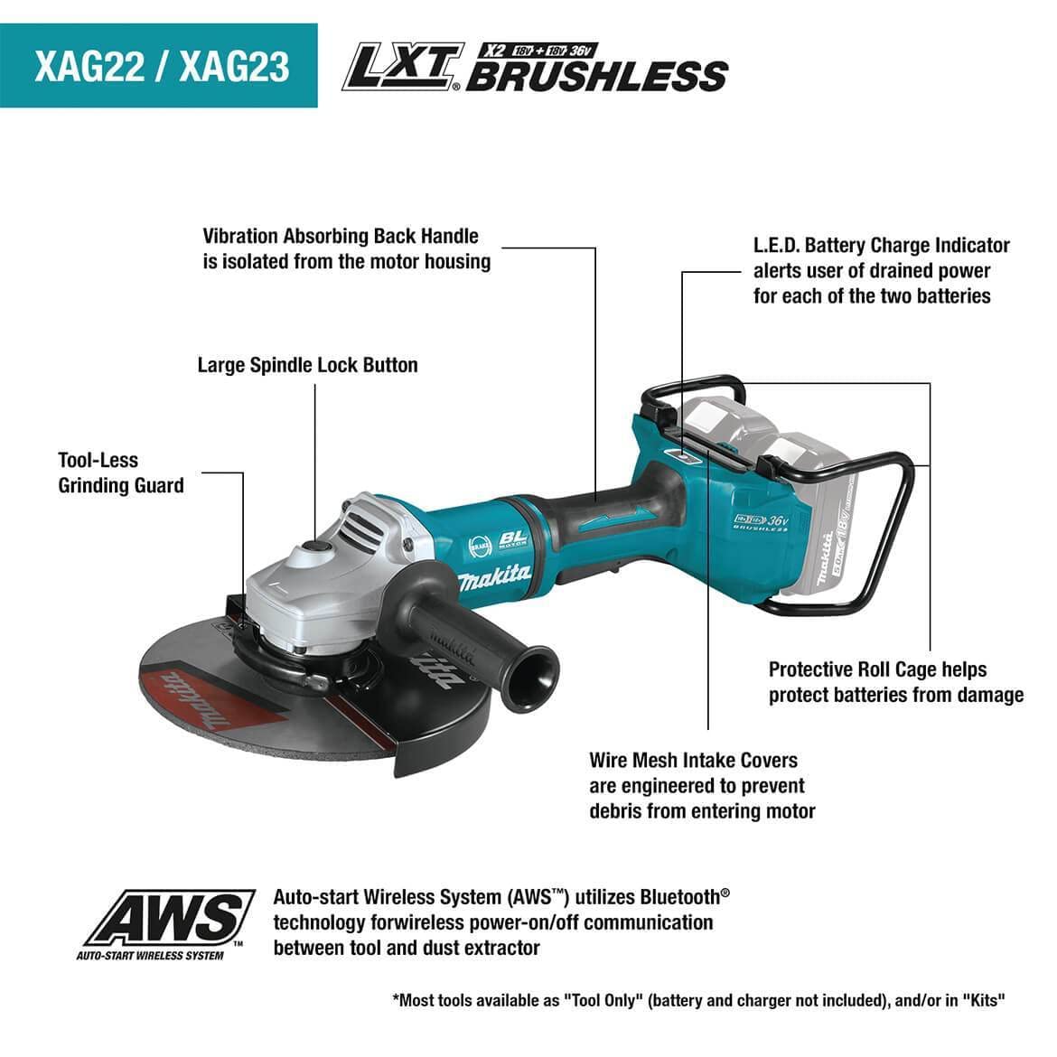 Makita XAG22ZU1 18V X2 LXT Brushless Cordless 7-Inch Cut-Off/Angle Grinder with Electric Brake & AWS - Tool Only - Perfect for Metal Cutting, Concrete Grinding, and DIY Projects