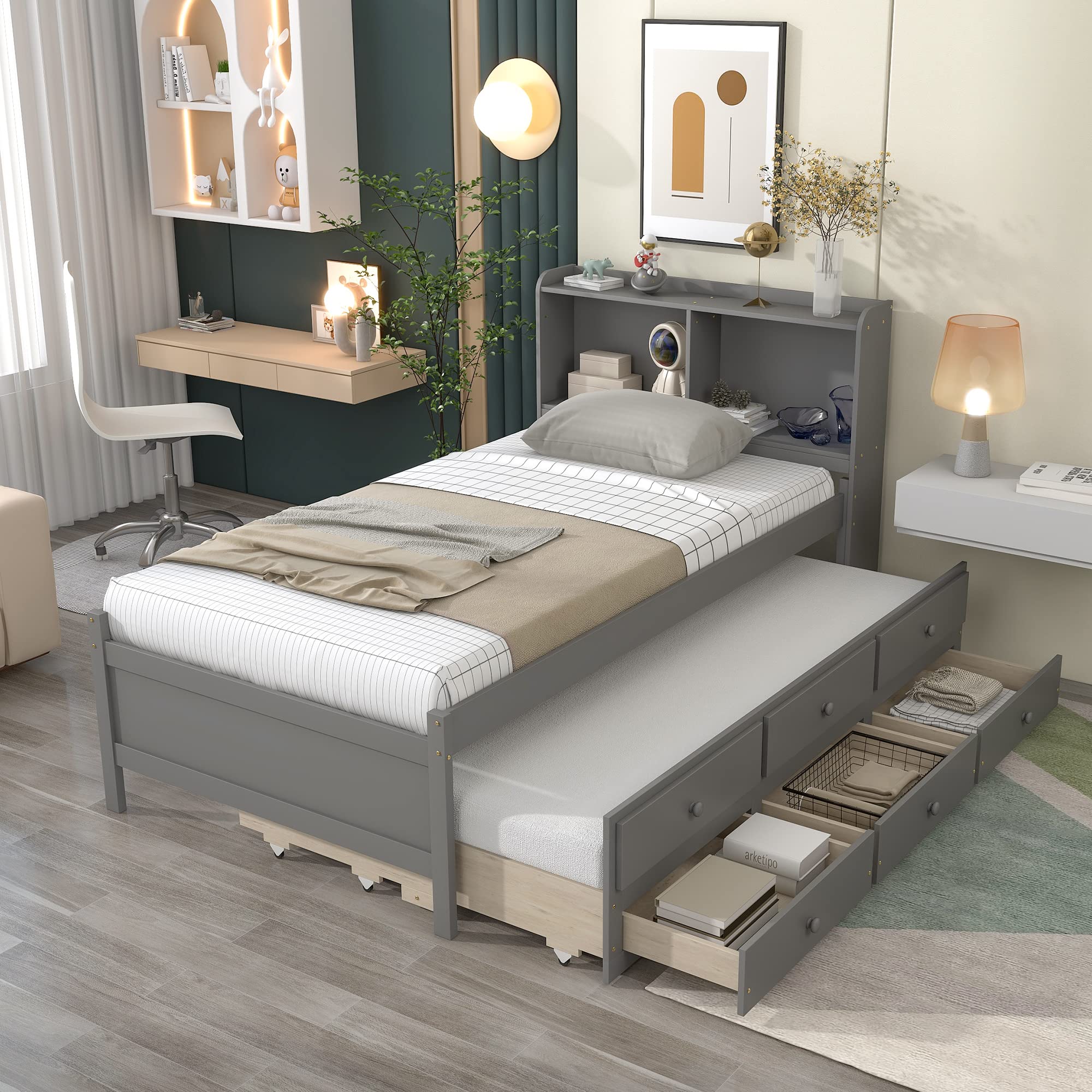 Tensun Twin Size Bed Frame with Trundle & 3 Storage Drawers - Wooden Platform Bed with Bookcase Headboard for Kids, Teens & Adults - No Box Spring Needed - Grey - Perfect for Small Bedrooms, Guest Rooms & Dormitories