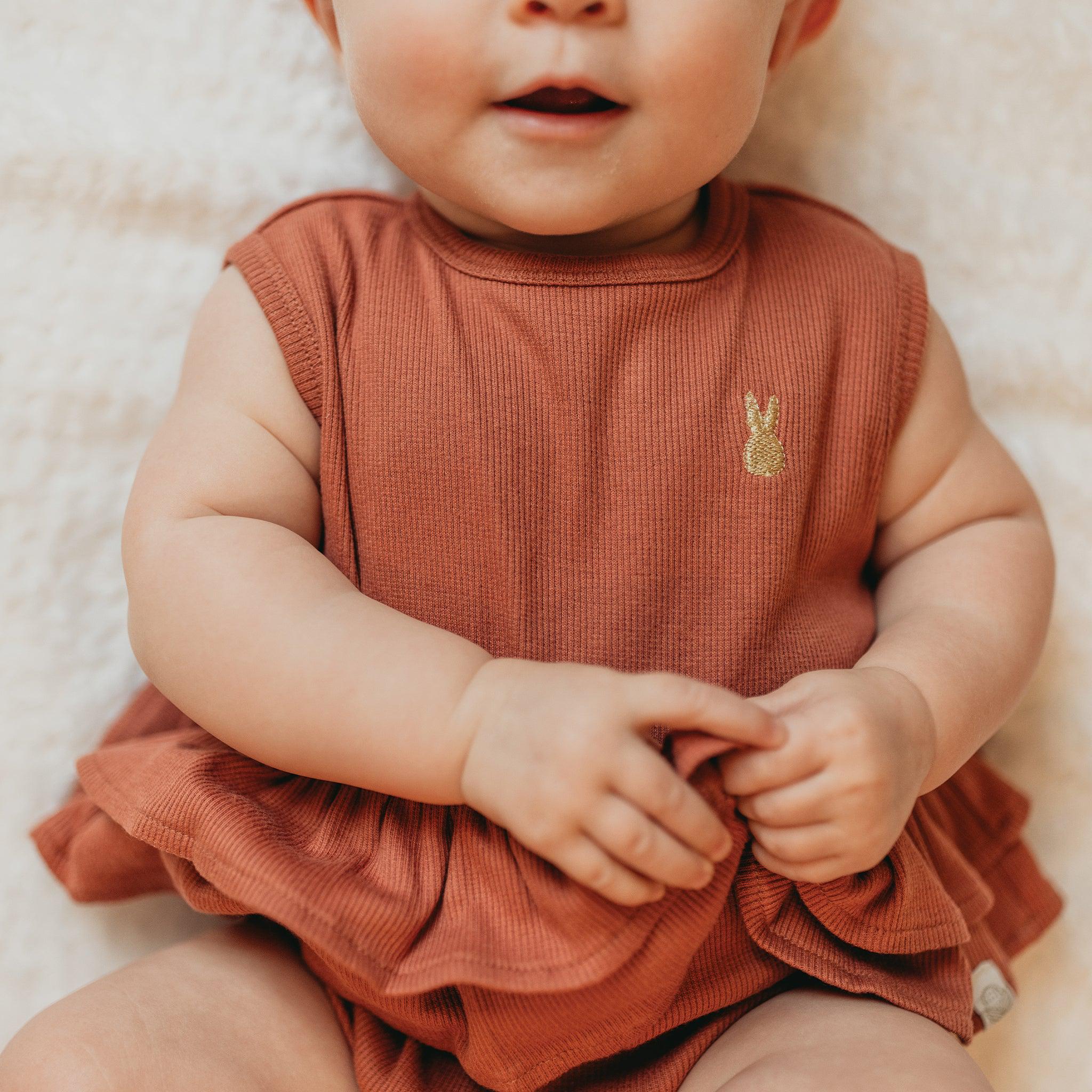 Organic Cotton Ruffle Waist Romper for Baby Girls - Soft & Comfortable One-Piece Outfit - Perfect for Playtime, Photo Shoots & Special Occasions - Paprika Color