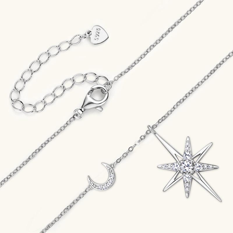 Star & Moon Premium Moissanite Pendant Necklace for Women - 925 Sterling Silver Jewelry Gift for Birthday, Anniversary & Valentine's Day - Elegant Everyday & Special Occasion Necklace