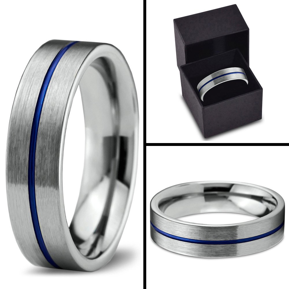 Tungsten Carbide Wedding Band Ring 6mm for Men & Women - Blue Black Center Line, Flat Cut, Brushed & Polished Finish - Custom Engraved Anniversary & Engagement Ring - Perfect for Weddings, Proposals & Special Occasions