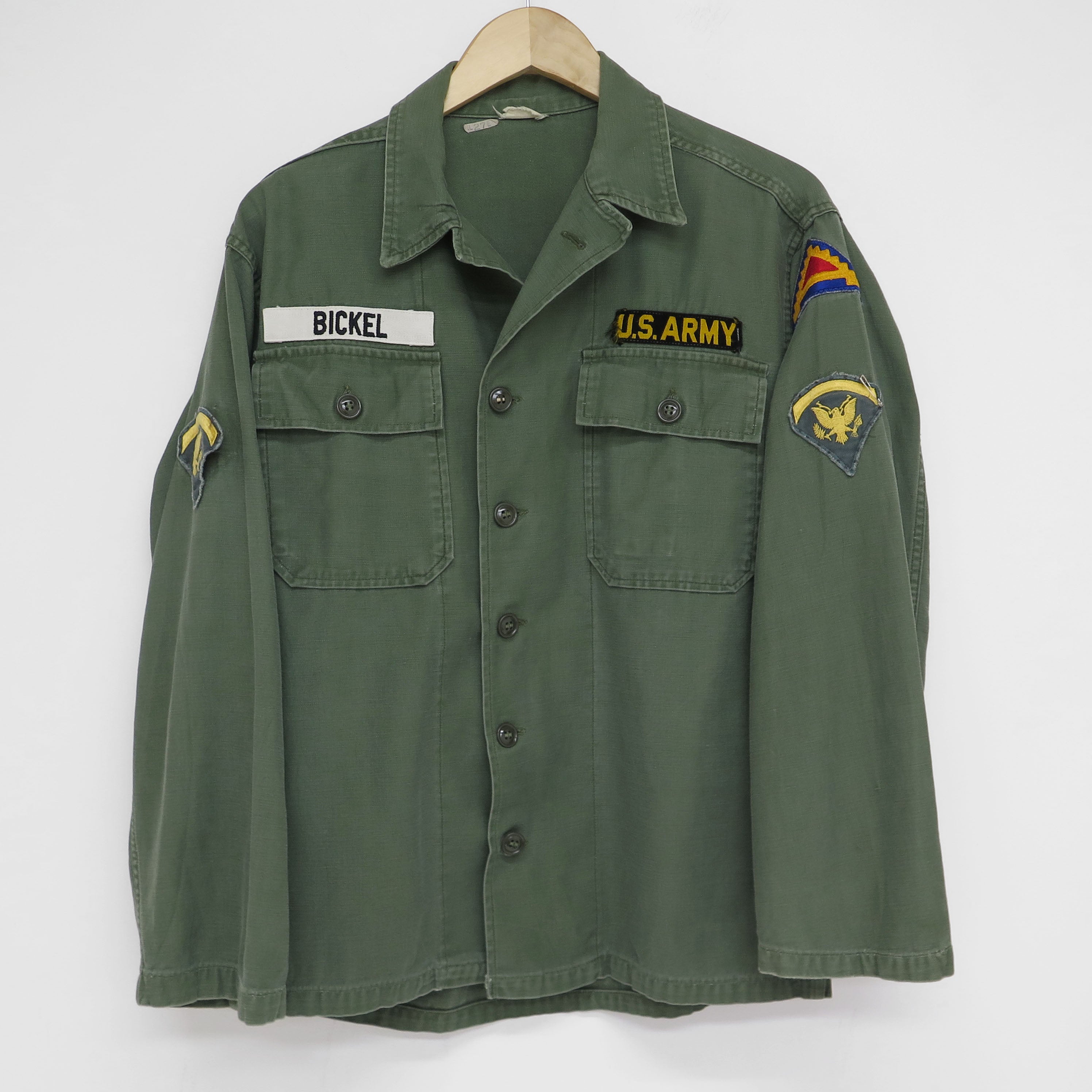 Vintage US Army Utility Shirt P58 1960s - 7th Army Specialist E5 Patch - Size Small - Military Collectible & Reenactment Gear for History Buffs
