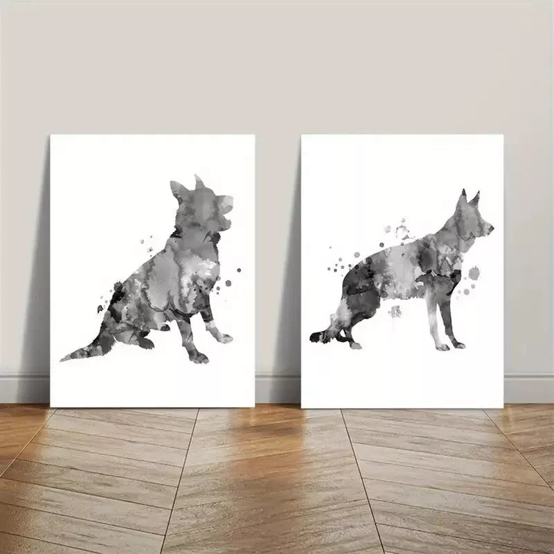 2pcs Black and White Ink Shepherd Dog Canvas Wall Art - 50x75cm Framed High Quality Print - 100% Australian Made - Ready to Hang - Perfect for Living Room, Bedroom, Office Decor