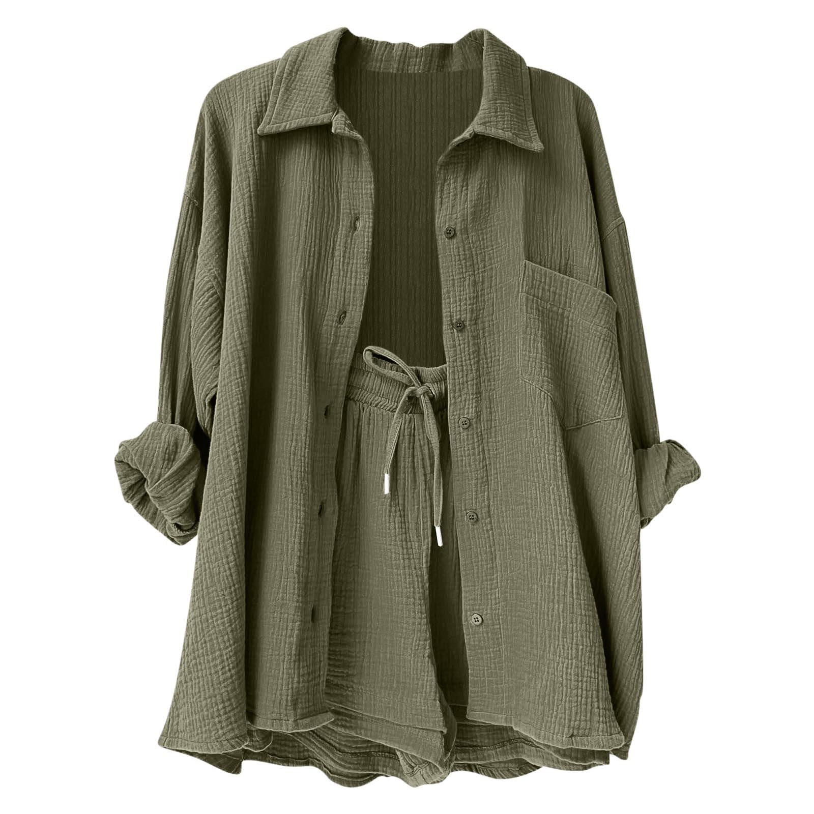 Women's 2-Piece Linen Outfit - Comfy Long Sleeve Shirt & Shorts Set for Summer/Fall Lounge Wear