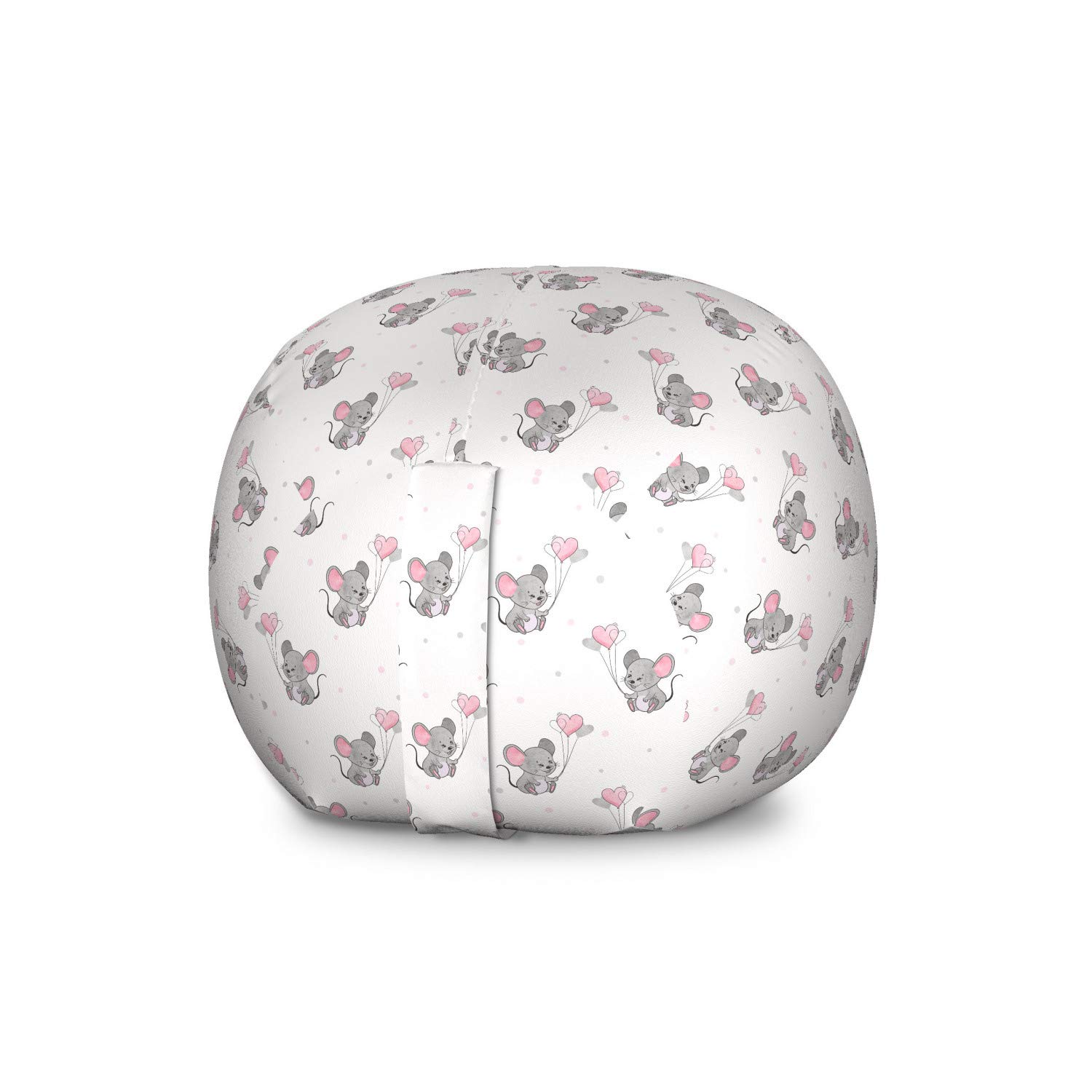 Ambesonne Cartoon Toy Storage Bag Chair - Large Washable Stuffed Animal Organizer with Mice & Heart Balloons Design - Pale Pink Grey White for Kids' Room, Birthday Party & Playroom Decor