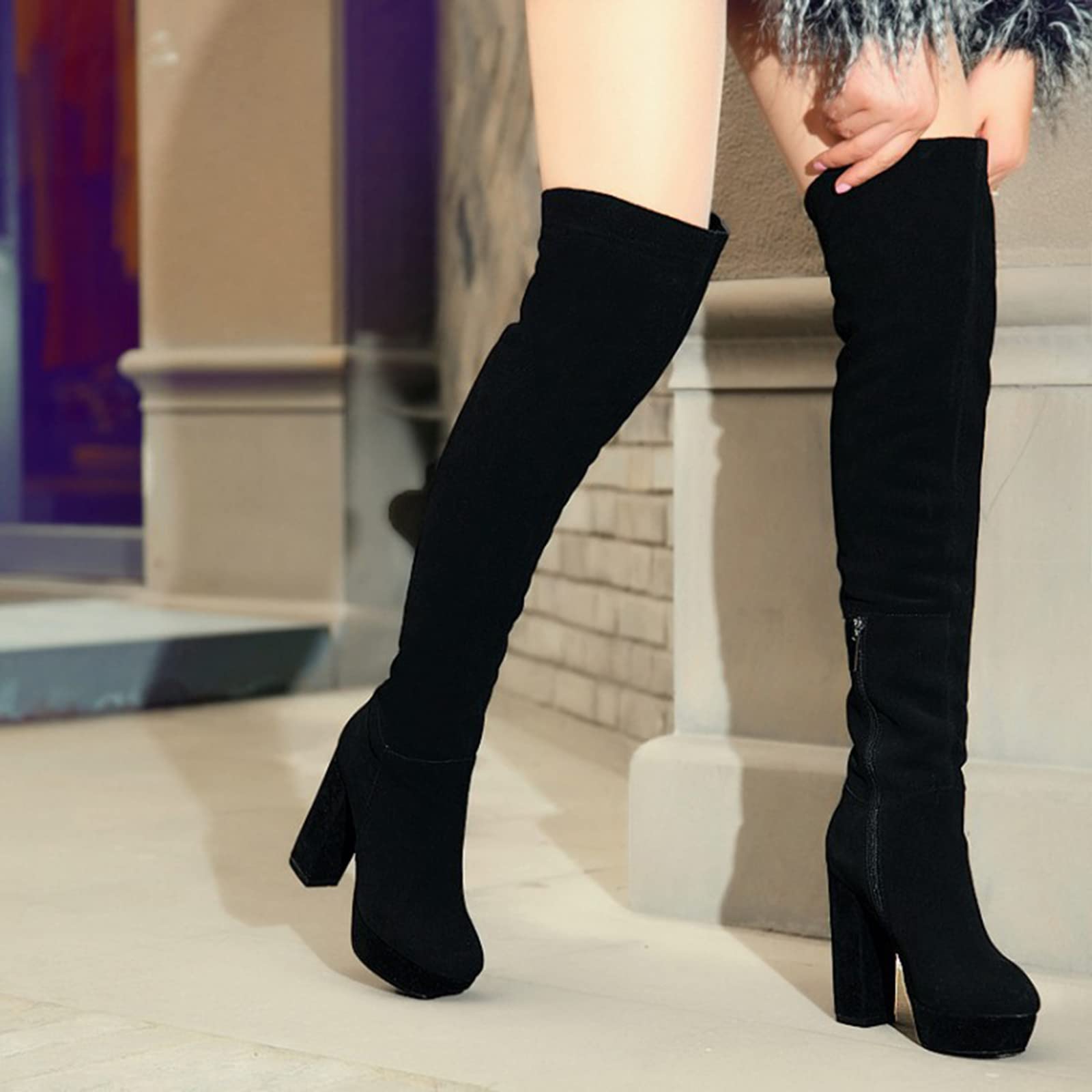 Genuine Leather Over-The-Knee Boots for Women - 11.5CM Chunky Heels, Nubuck Cowhide, Black Leg Trim - Perfect for Fall Fashion, Night Out & Winter Styling