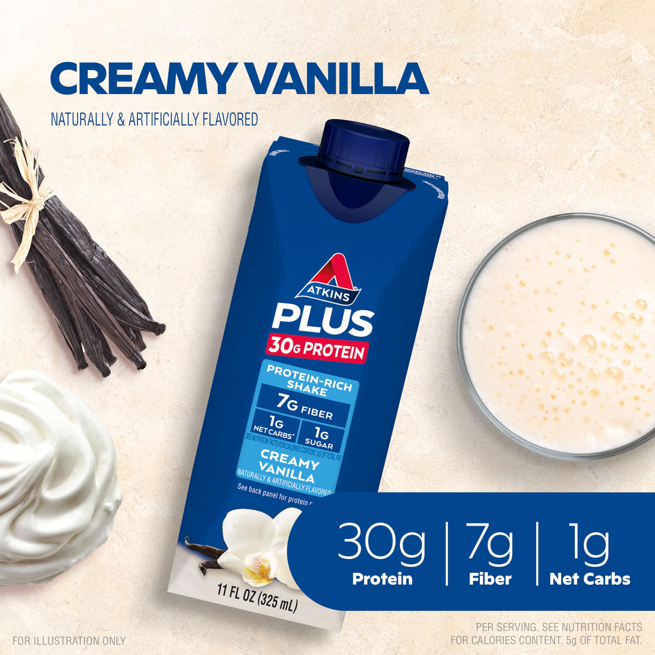 Atkins Creamy Vanilla PLUS Protein Shake - 30g Protein, 7g Fiber, 1g Net Carb | Keto & Low Carb Friendly | High Protein Drink for Weight Loss & Muscle Recovery | 12 Pack (Great for Post-Workout & Meal Replacement)