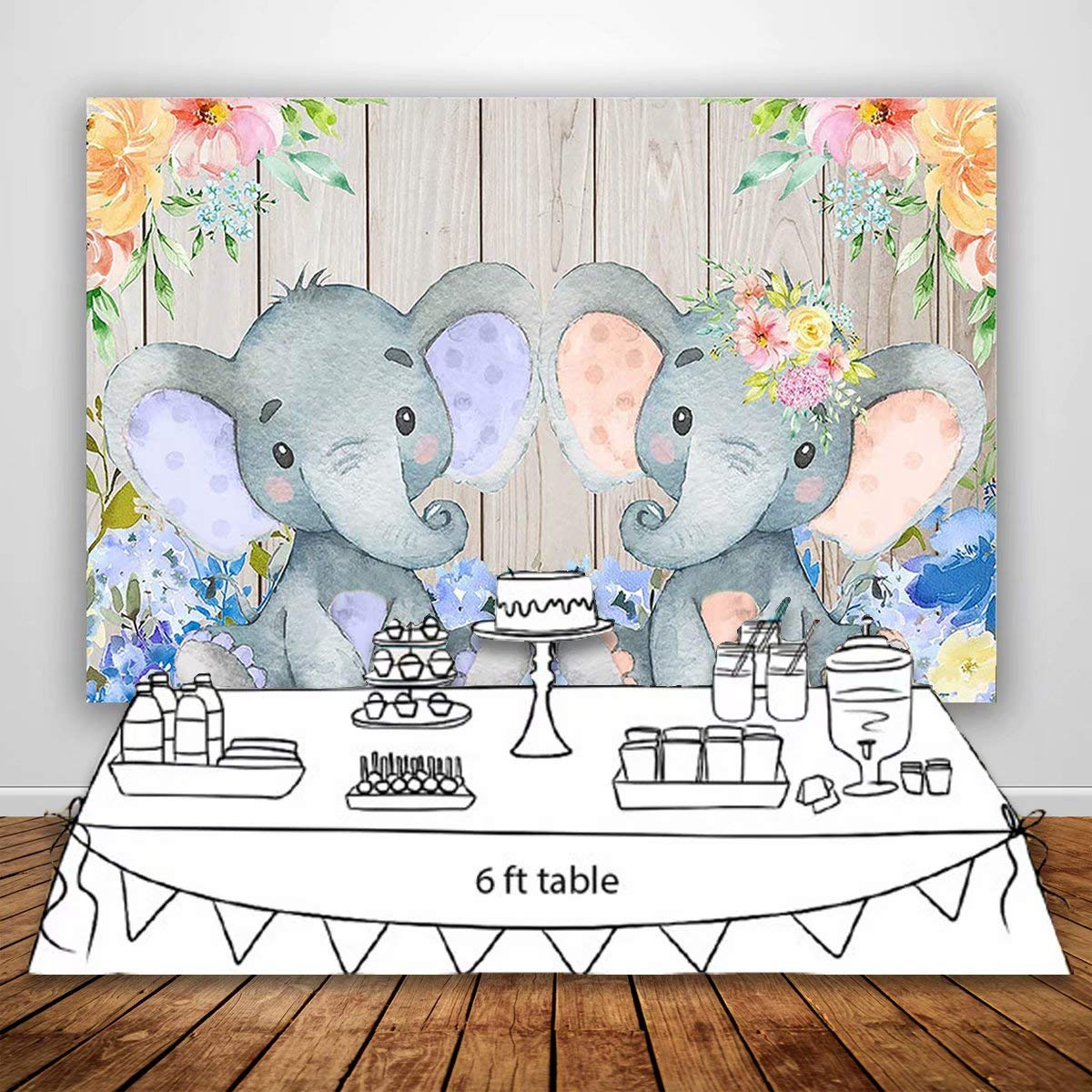 6x5ft Elephant Twins Baby Shower Backdrop - Vinyl Photography Background for Boy & Girl Parties, Dessert Table Decor, Photo Booth Props | Perfect for Birthday Celebrations, Gender Reveals & Nursery Decor