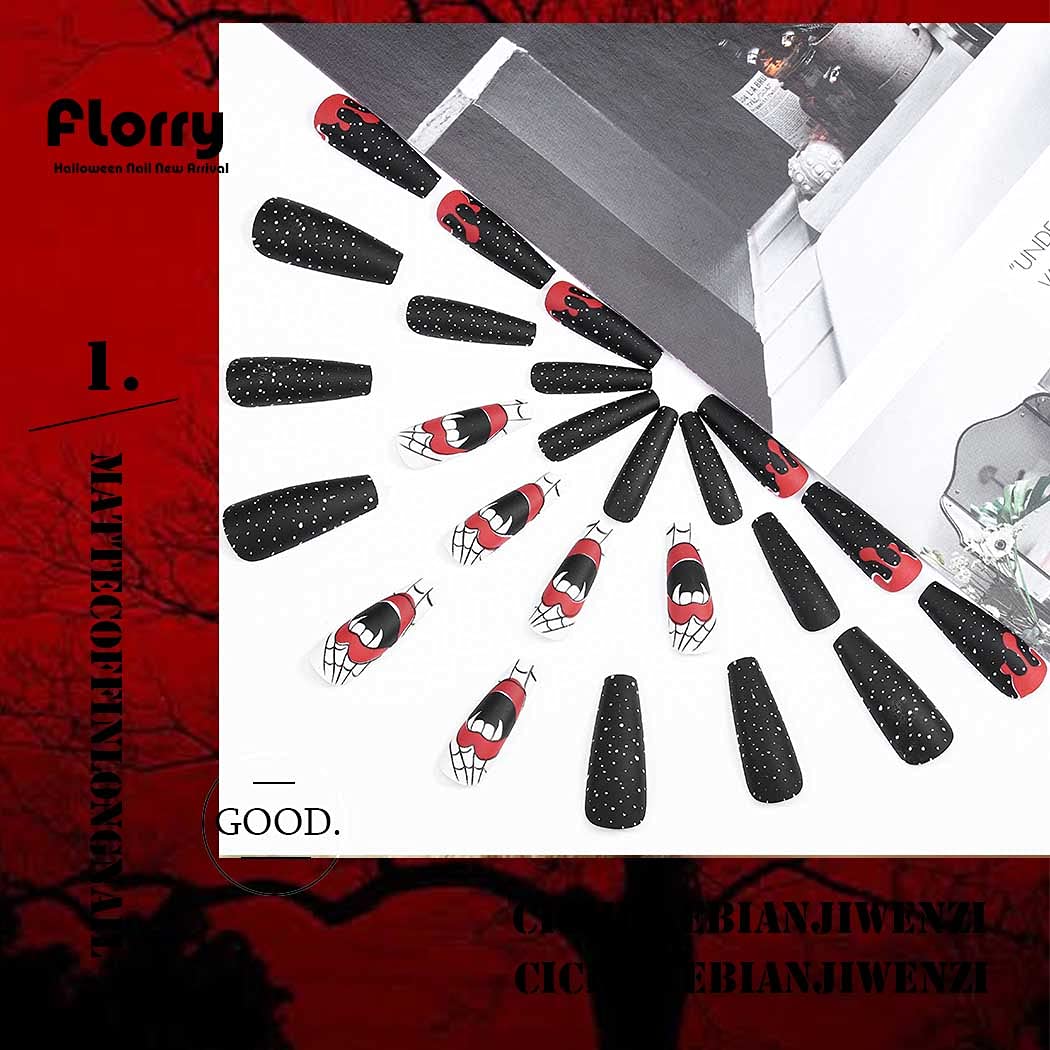 Florry Extra Long Coffin Press on Nails - Black Matte Acrylic Fake Nails for Women & Girls - 24Pcs Halloween Nail Art Set - Perfect for Parties, Costumes & Special Occasions