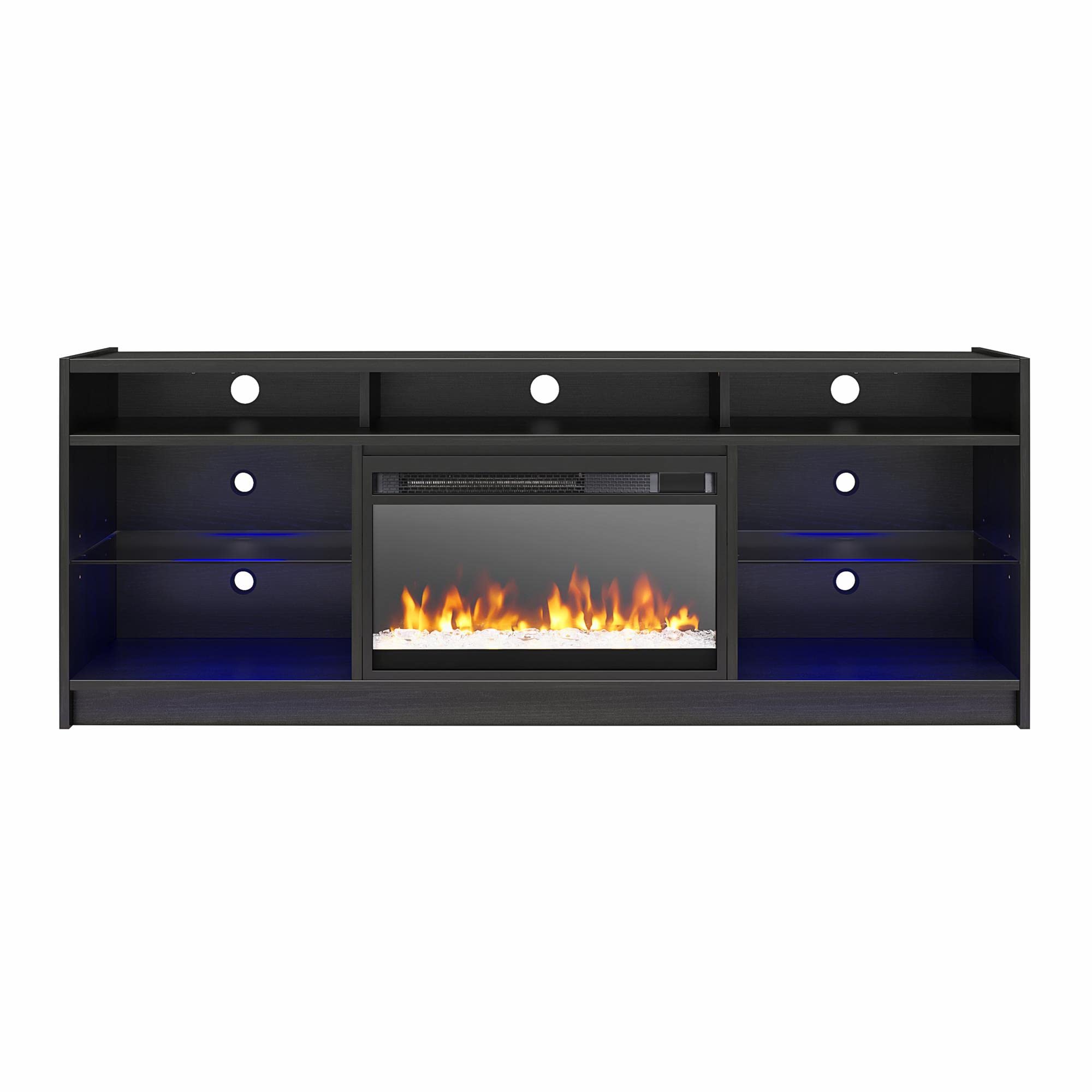 Ameriwood Home Luna 65-Inch Fireplace TV Stand with Electric Heater Insert - Remote Control, Timer, Color-Changing LED Lights & Crystal Ember Flames - Black Oak Finish for Living Room & Home Theater Setup
