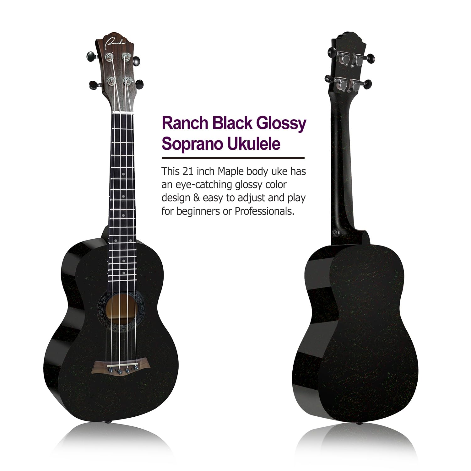 Professional 21 Inch Ranch Soprano Ukulele - Hawaiian Maple Wood Small Guitar with Glossy Finish & Gig Bag (Black) - Perfect for Beginners, Travel, Beach & Outdoor Performances