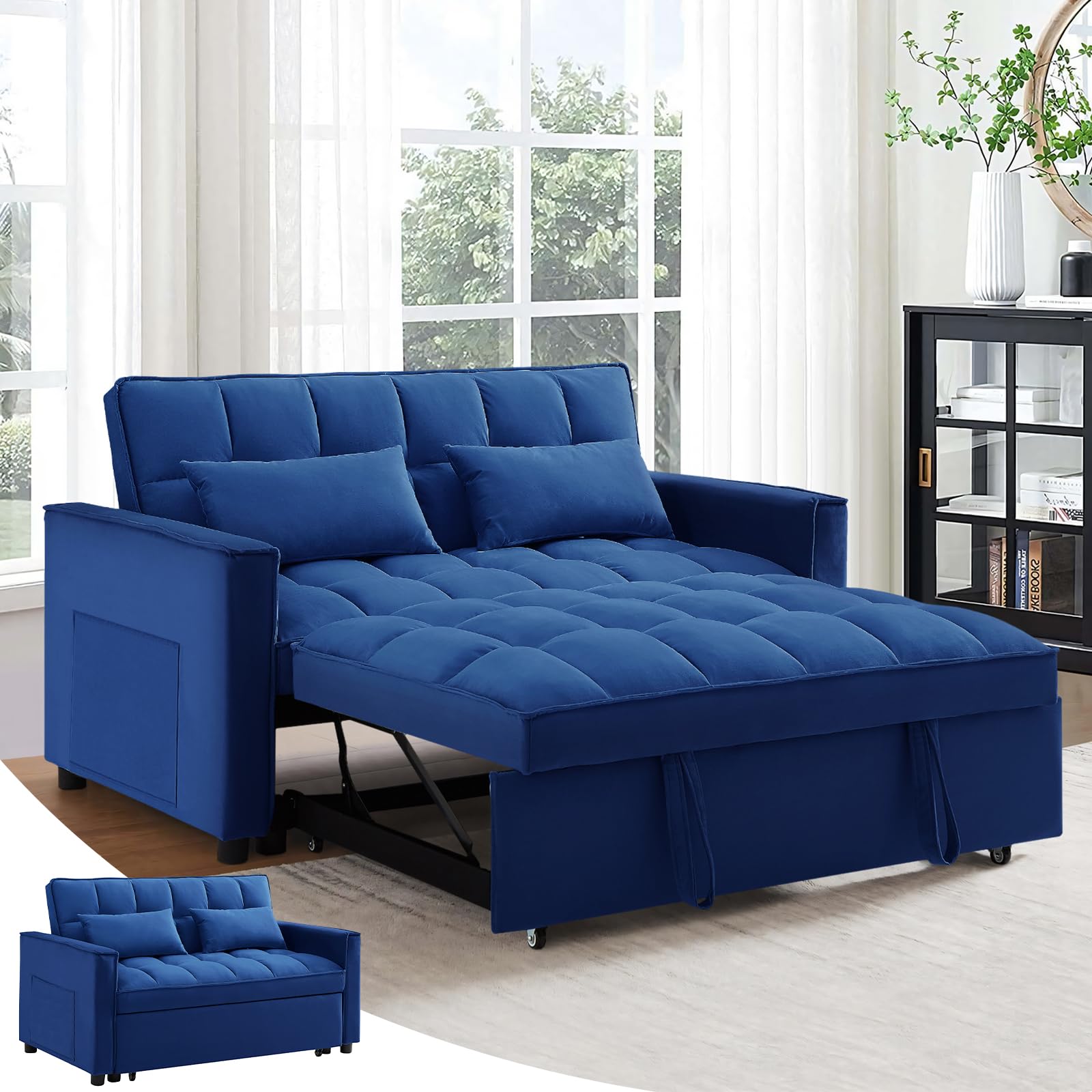 Antetek 3-in-1 Convertible Sleeper Sofa Bed - Modern Velvet Loveseat Futon Couch with Pullout Bed & Reclining Backrest | Small Space Living Room Furniture with Storage Pockets & Toss Pillows | Perfect for Apartments, Guest Rooms, and Home Offices (Blue)