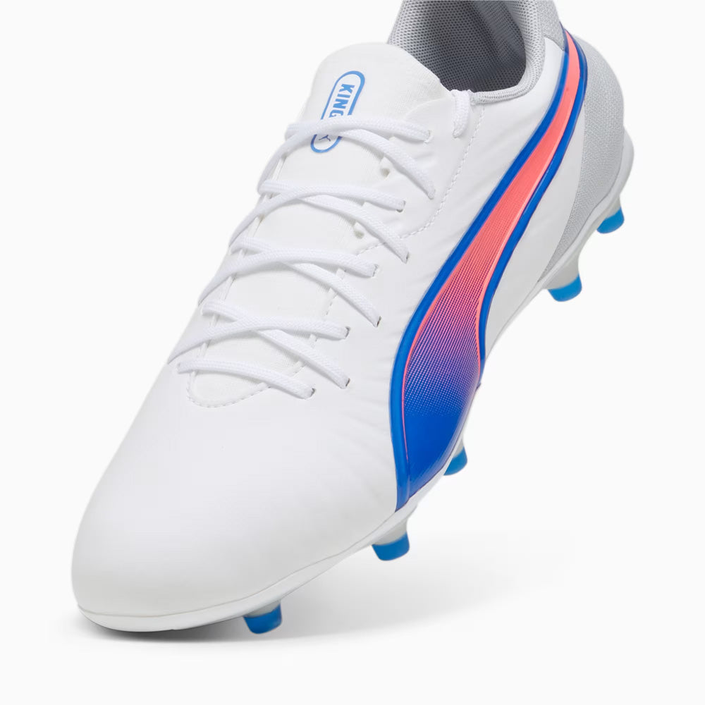 Puma King Match FG/AG Soccer Cleats for Men - White/Bluemazing/Light Grey Football Shoes - Perfect for Artificial Grass & Firm Ground Matches