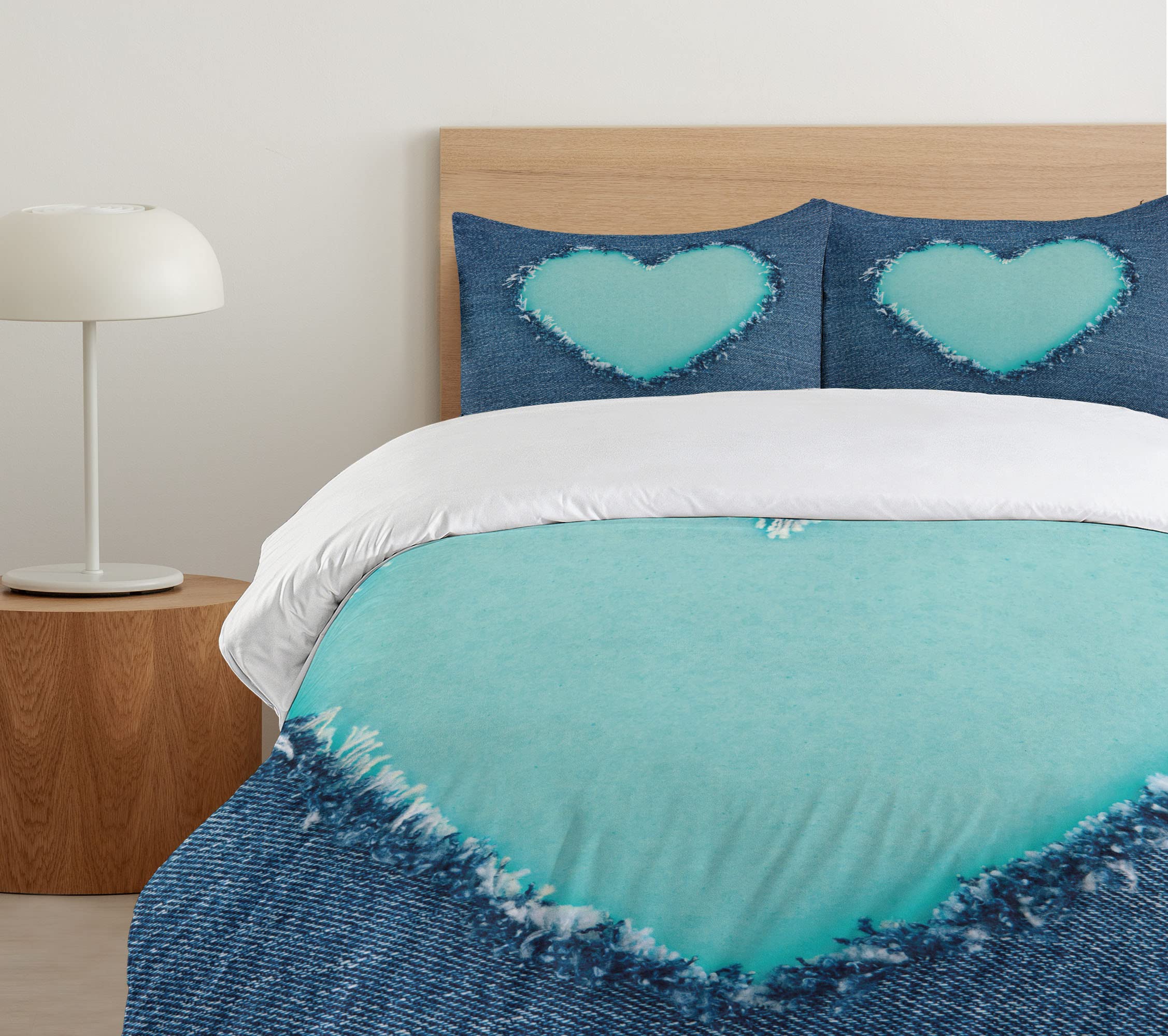 Ambesonne Navy and Teal Duvet Cover Set - King Size 3 Piece Bedding with 2 Pillow Shams, Romantic Ripped Heart Design for Valentine's Day, Navy Blue and Seafoam - Perfect for Couples' Bedroom Decor and Anniversary Gifts