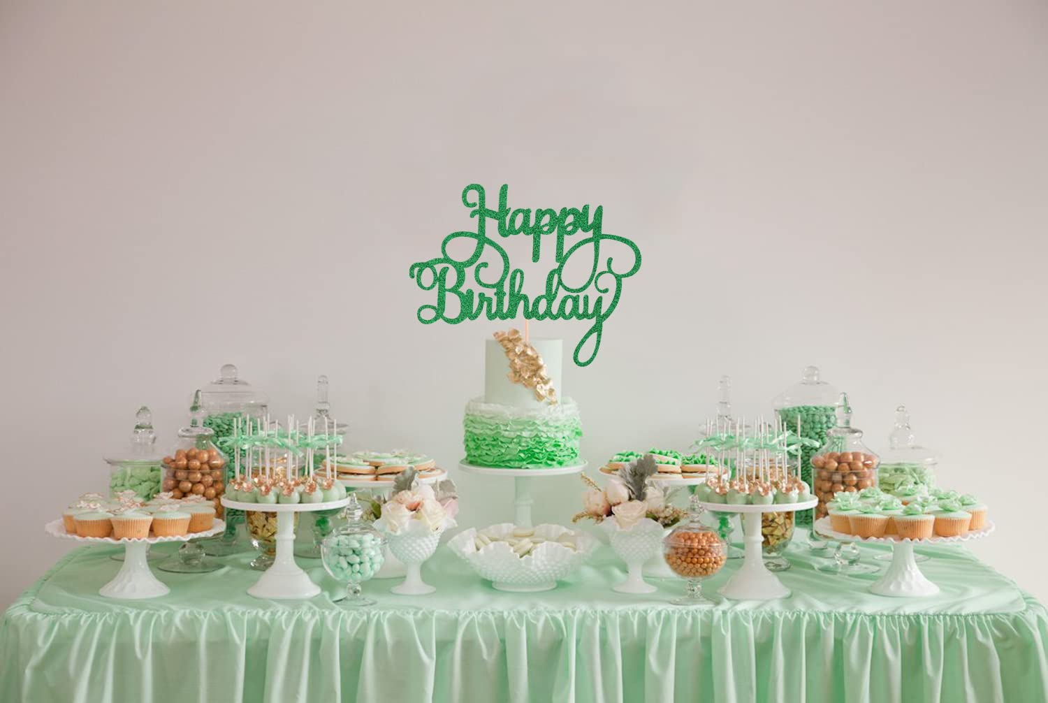 Green Glitter Happy Birthday Cake Topper & Bunting Decor - Anniversary Party Cake Decoration Supplies for Photo Booth Props - Perfect for Birthday Cakes, Wedding Anniversaries & Celebration Parties