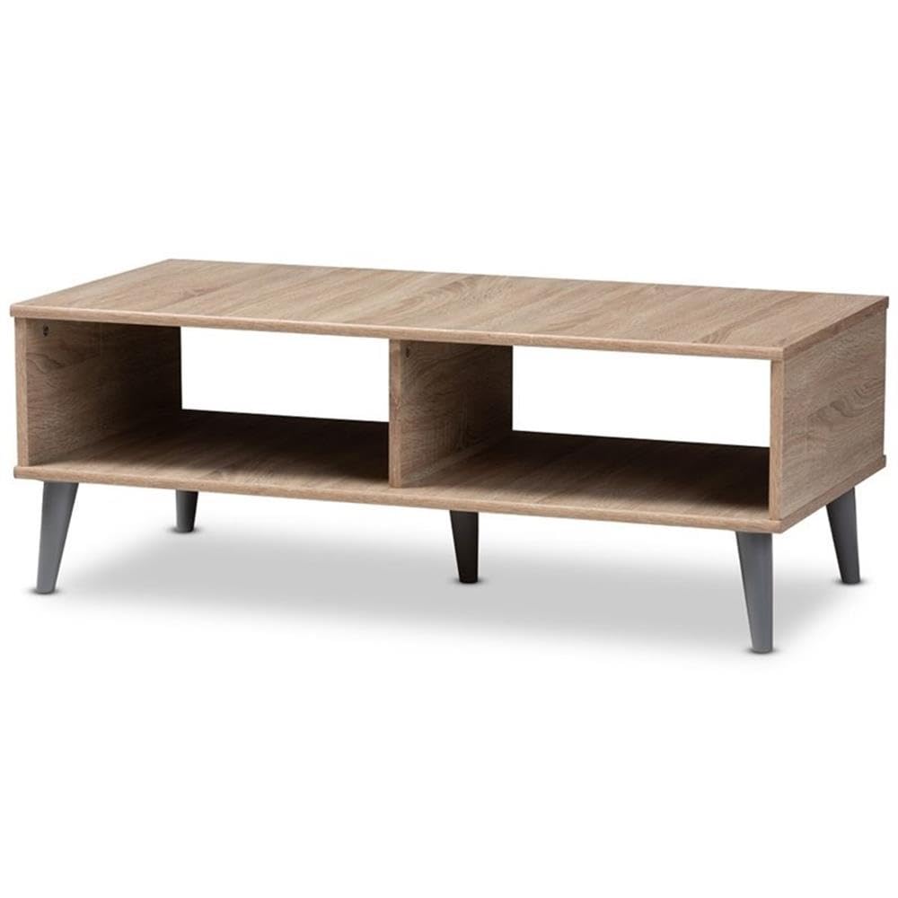 BOWERY HILL Solid Oak Wood Coffee Table with Light Grey Finish - Modern Living Room Furniture for Small Spaces & Home Decor