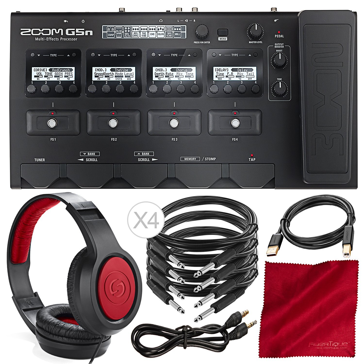 Zoom G5n Multi-Effects Guitar Processor with Closed-Back Headphones, Cables & Fibertique Cloth - Perfect for Live Performances, Studio Recording & Home Practice