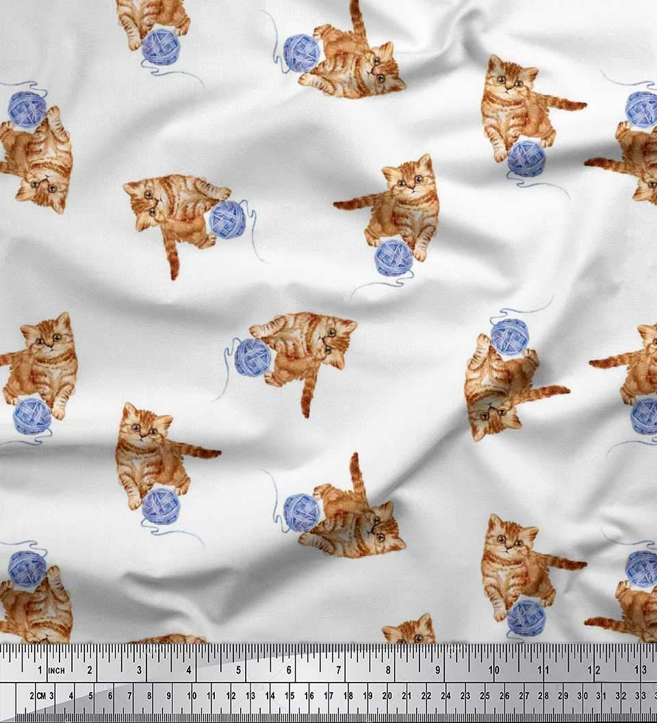 Soimoi 100% Polyester Crepe Fabric - White Cat & Wool Animal Print - 42 Inch Wide by The Yard - Soft, Cozy & Playful Design for DIY Sewing, Clothing, Home Decor & Crafts