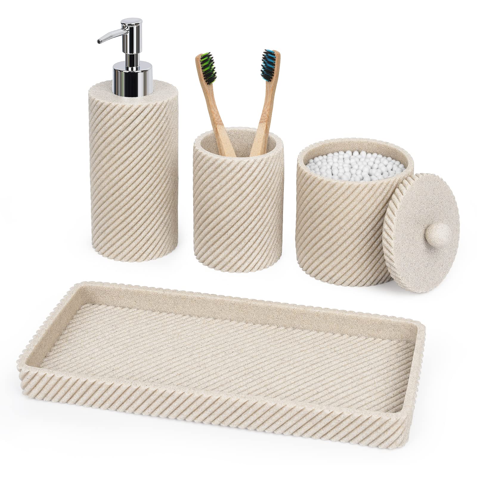 Beige Bathroom Accessories Set 4 Pcs - Toothbrush Holder, Soap Dispenser, Q-tip Holder & Vanity Tray | Modern Countertop Organizer for Bathroom Decor | Perfect for Master Bath, Guest Bath & Apartment Vanities