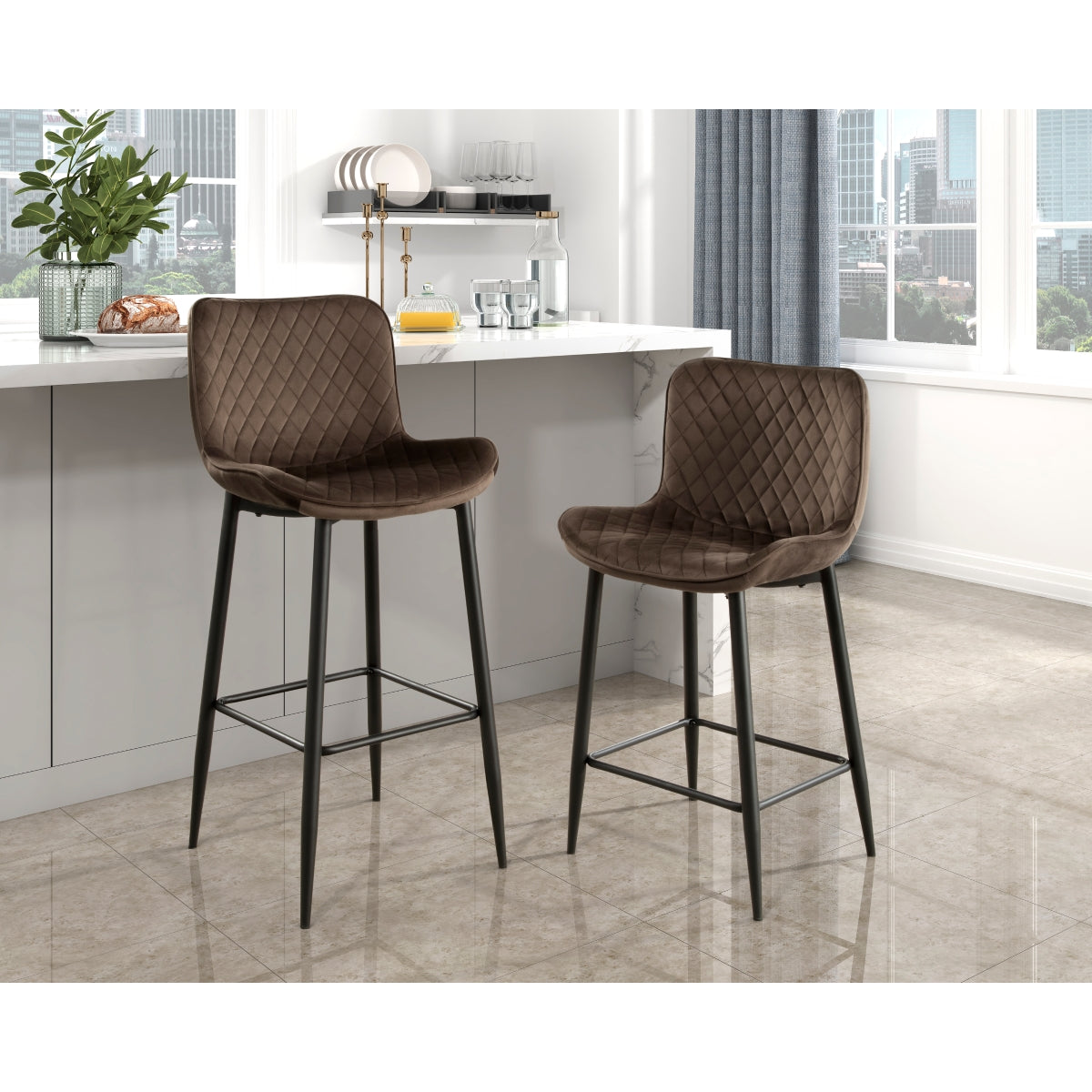 Luxury Brown Velvet Quilted Bar Stools Set of 2 - 29