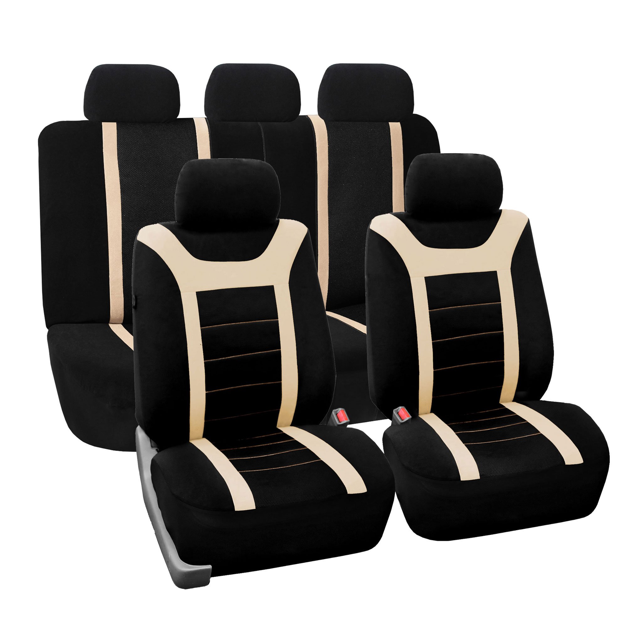 TLH Universal Car Seat Covers Full Set - Beige Sports Style Airbag Compatible Split Rear Seat Protector for Cars, Trucks & SUVs | Durable Interior Accessories for Daily Commute, Road Trips & Family Protection