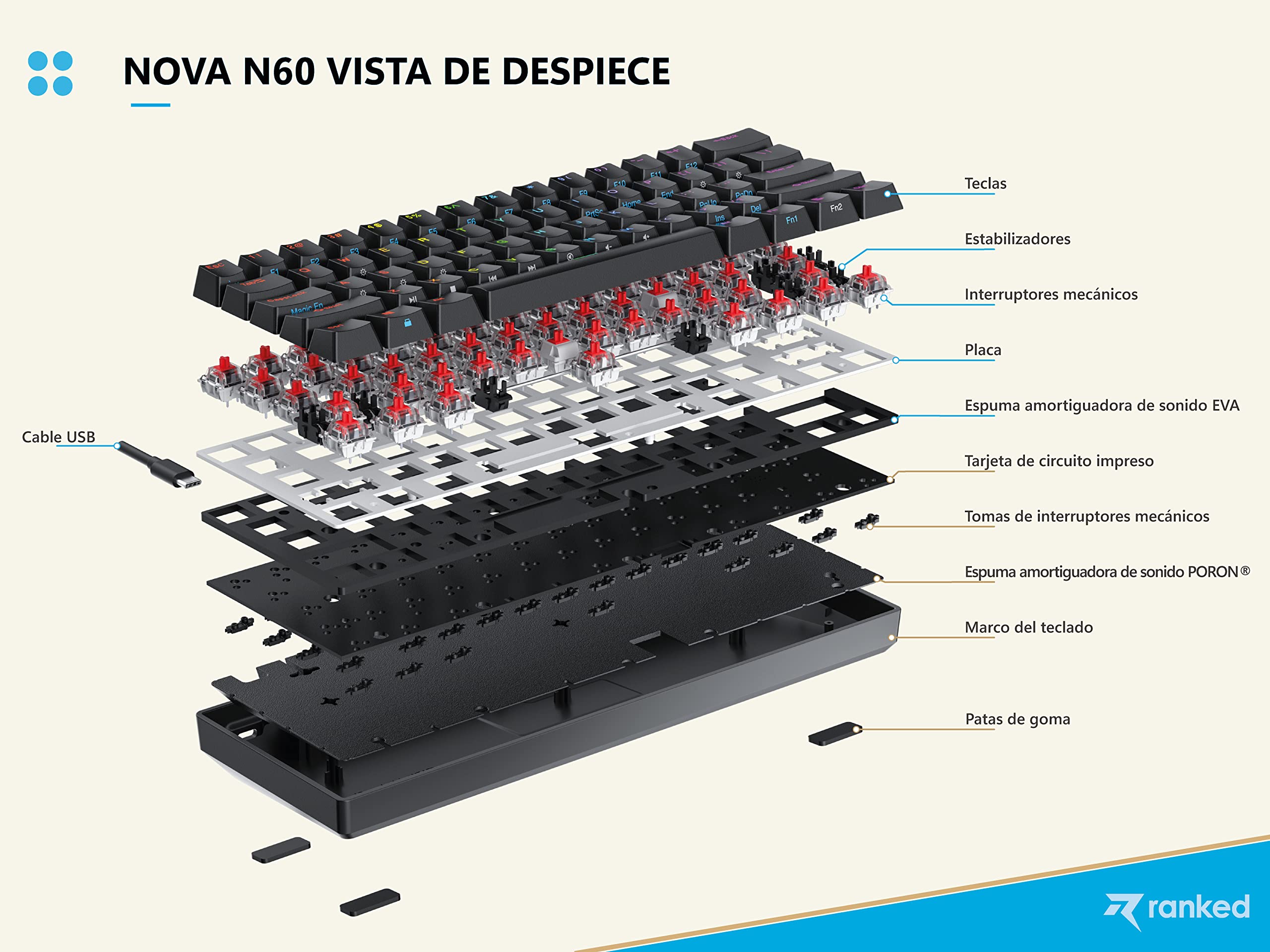 N60 Nova 60% Mechanical Gaming Keyboard - Hot Swappable, 62 Programmable Keys with RGB Backlight - ISO ES Spanish Layout (Black, Gateron Blue Switches) - Perfect for PC/Mac Gamers, Typists & Office Work