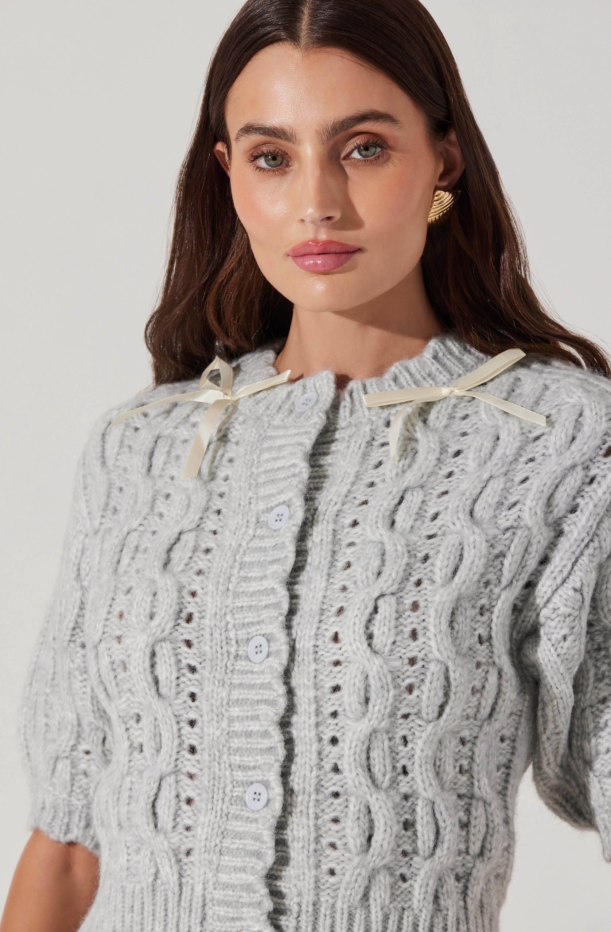 Bow Detail Cable Knit Cardigan Women's Sweater - Cozy Winter Pullover for Office, Date Night & Casual Outfits